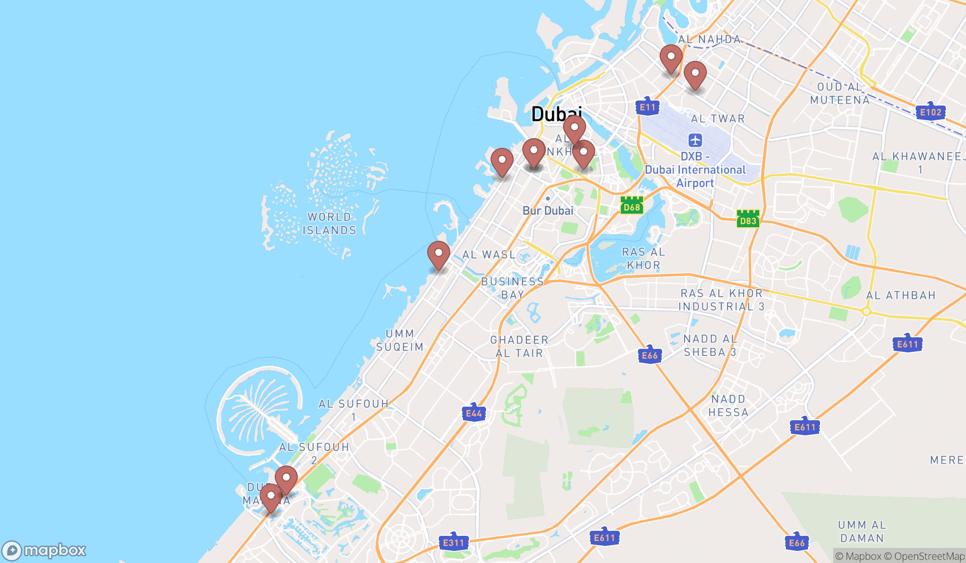 Map showing the ranked wedding dress rental services in Dubai, Dubai
