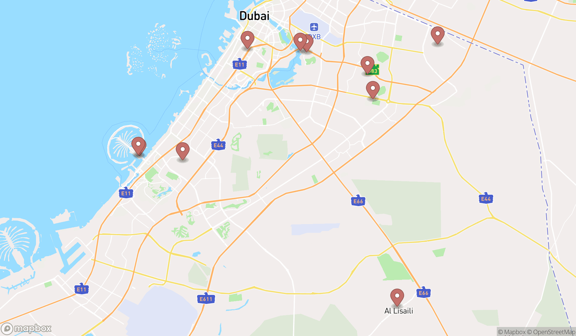 Map showing the ranked wedding venues in Dubai, Dubai