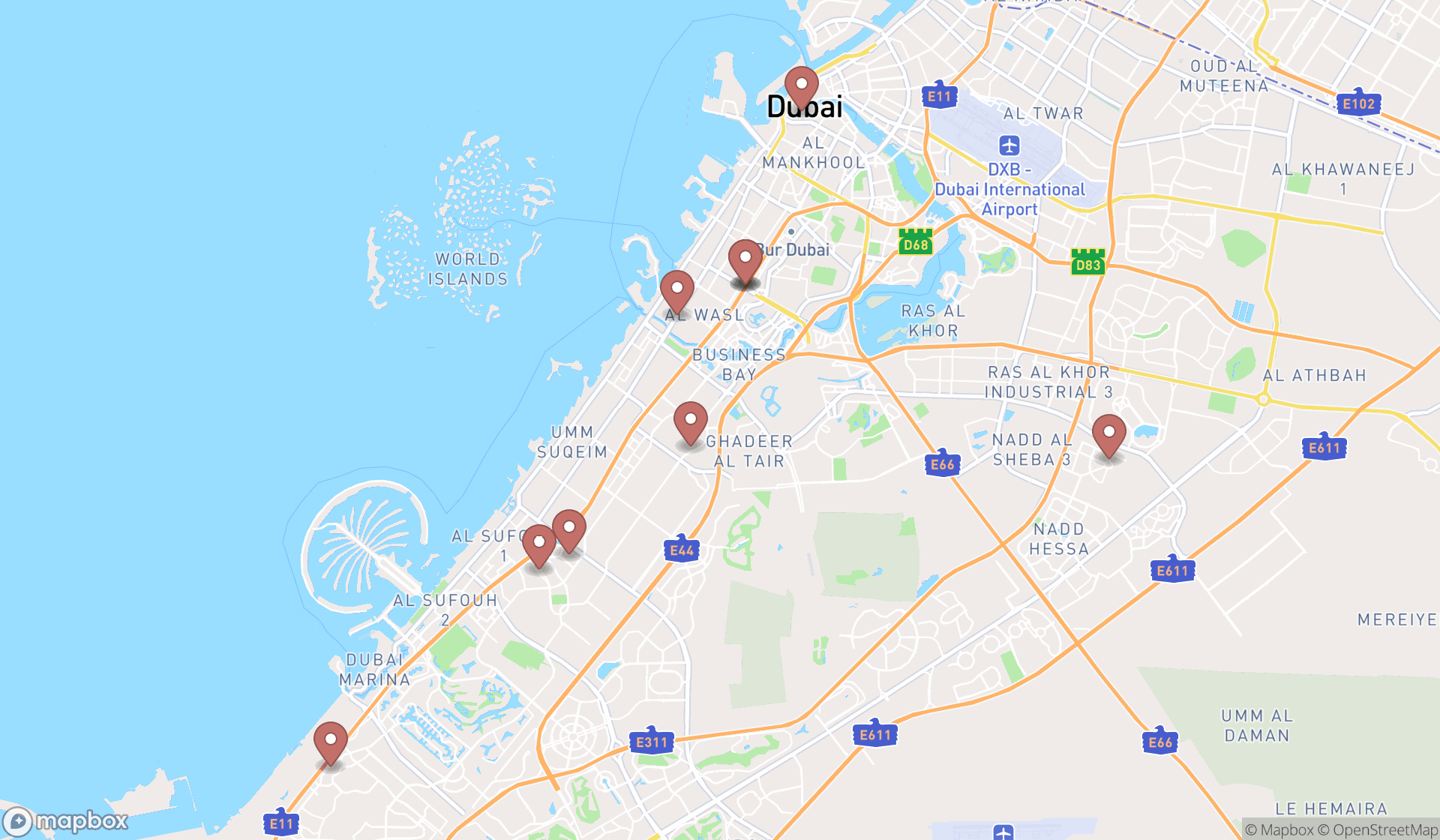Map showing the ranked western apparel stores in Dubai, Dubai