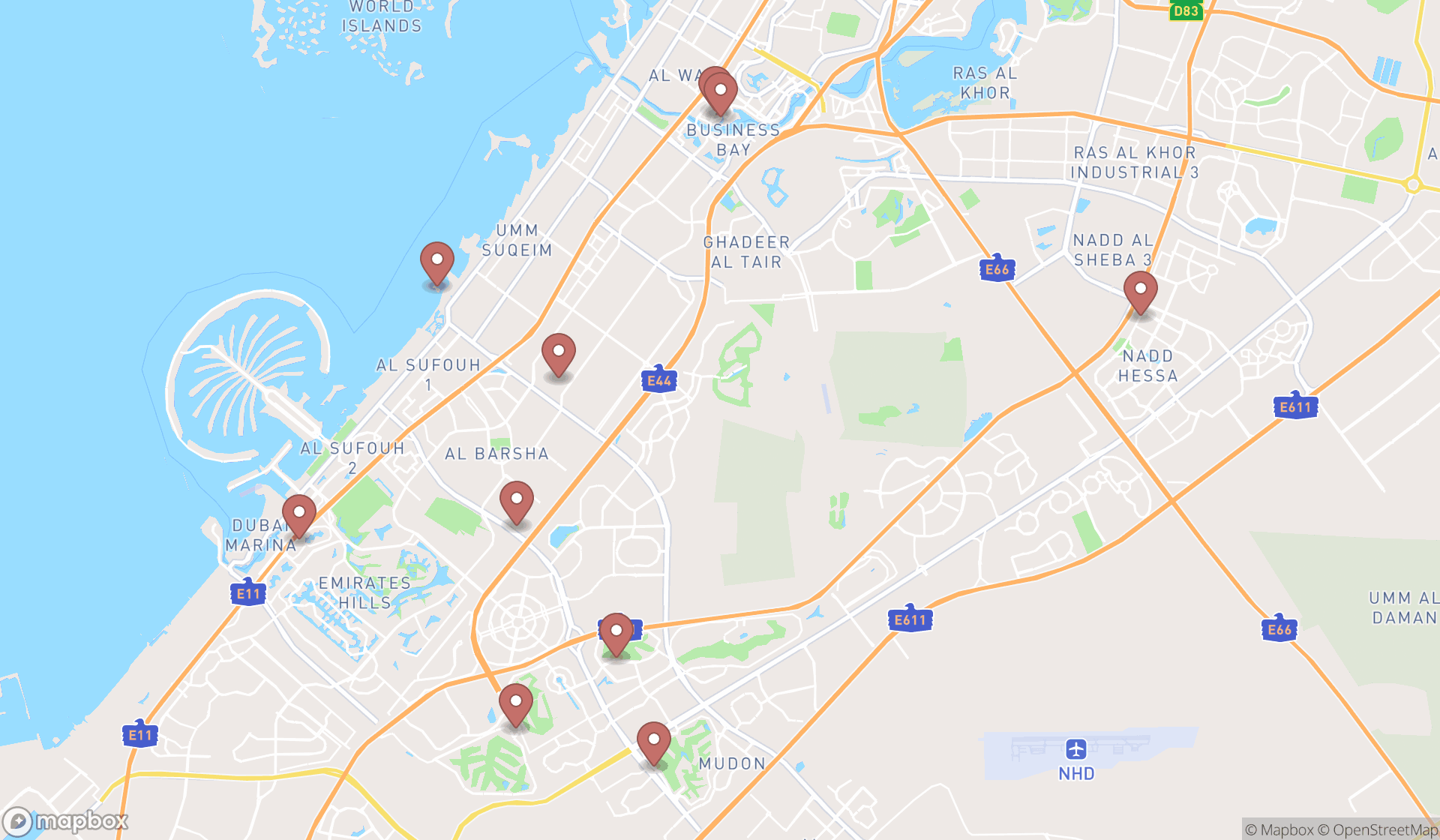 Map showing the ranked western restaurants in Dubai, Dubai