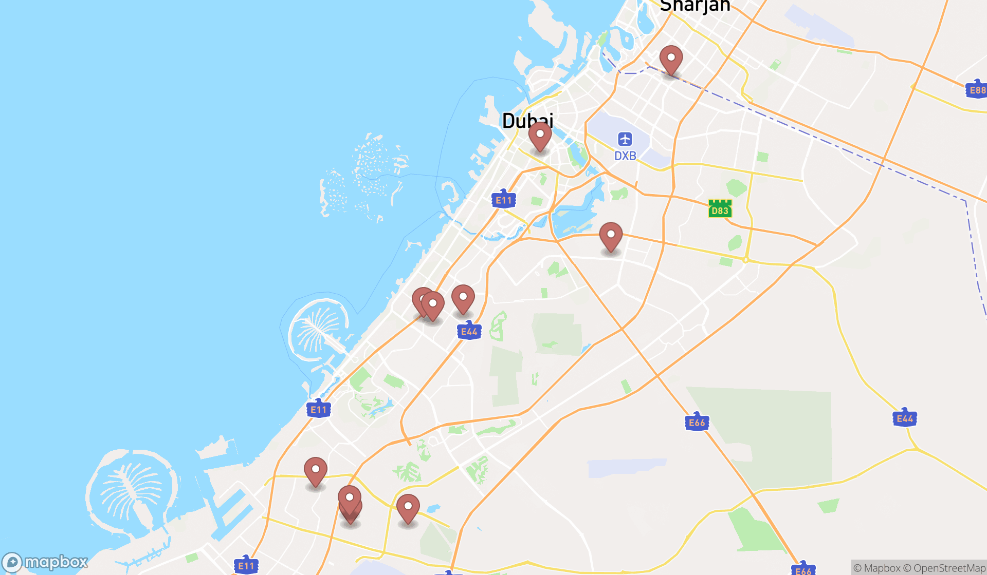 Map showing the ranked wholesale bakeries in Dubai, Dubai