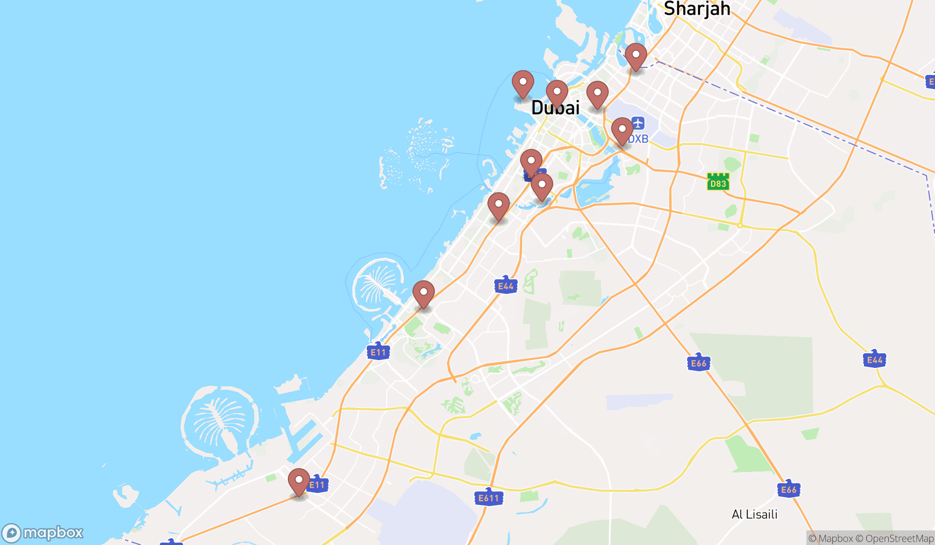 Map showing the ranked wi-fi spots in Dubai, Dubai