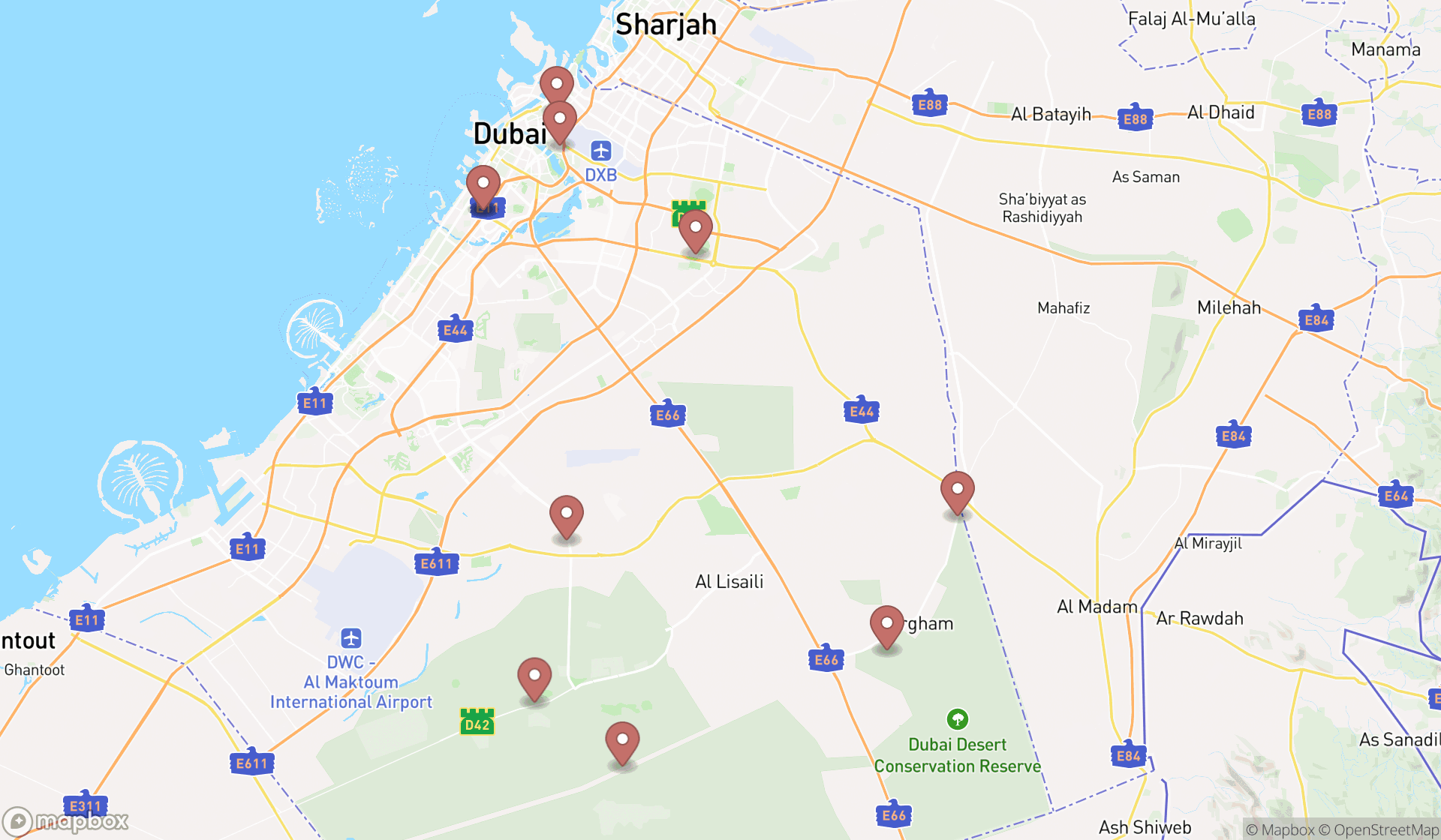 Map showing the ranked wildlife and safari parks in Dubai, Dubai