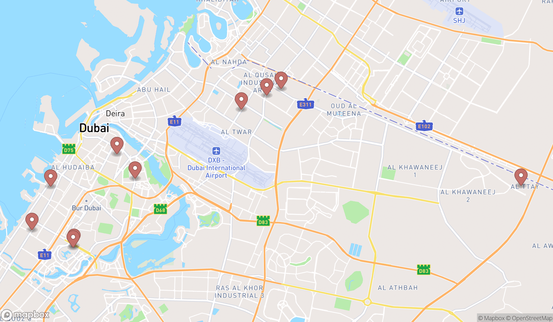 Map showing the ranked women's clothing stores in Dubai, Dubai