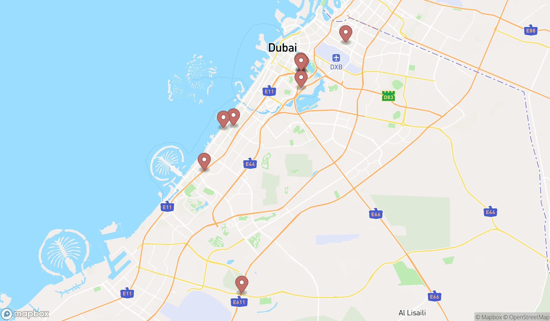 Map showing the ranked women's health clinics in Dubai, Dubai