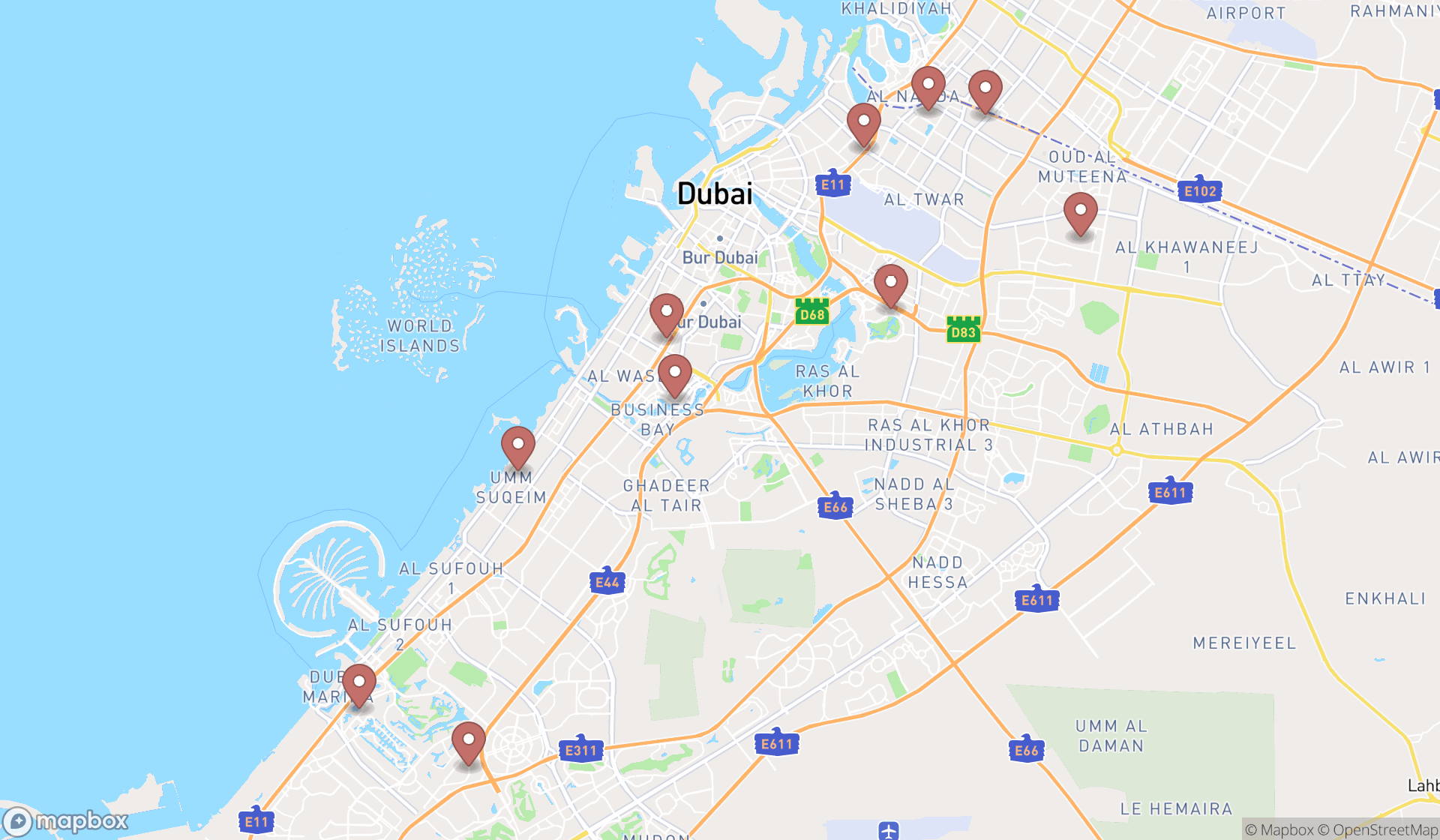 Map showing the ranked women's personal trainers in Dubai, Dubai