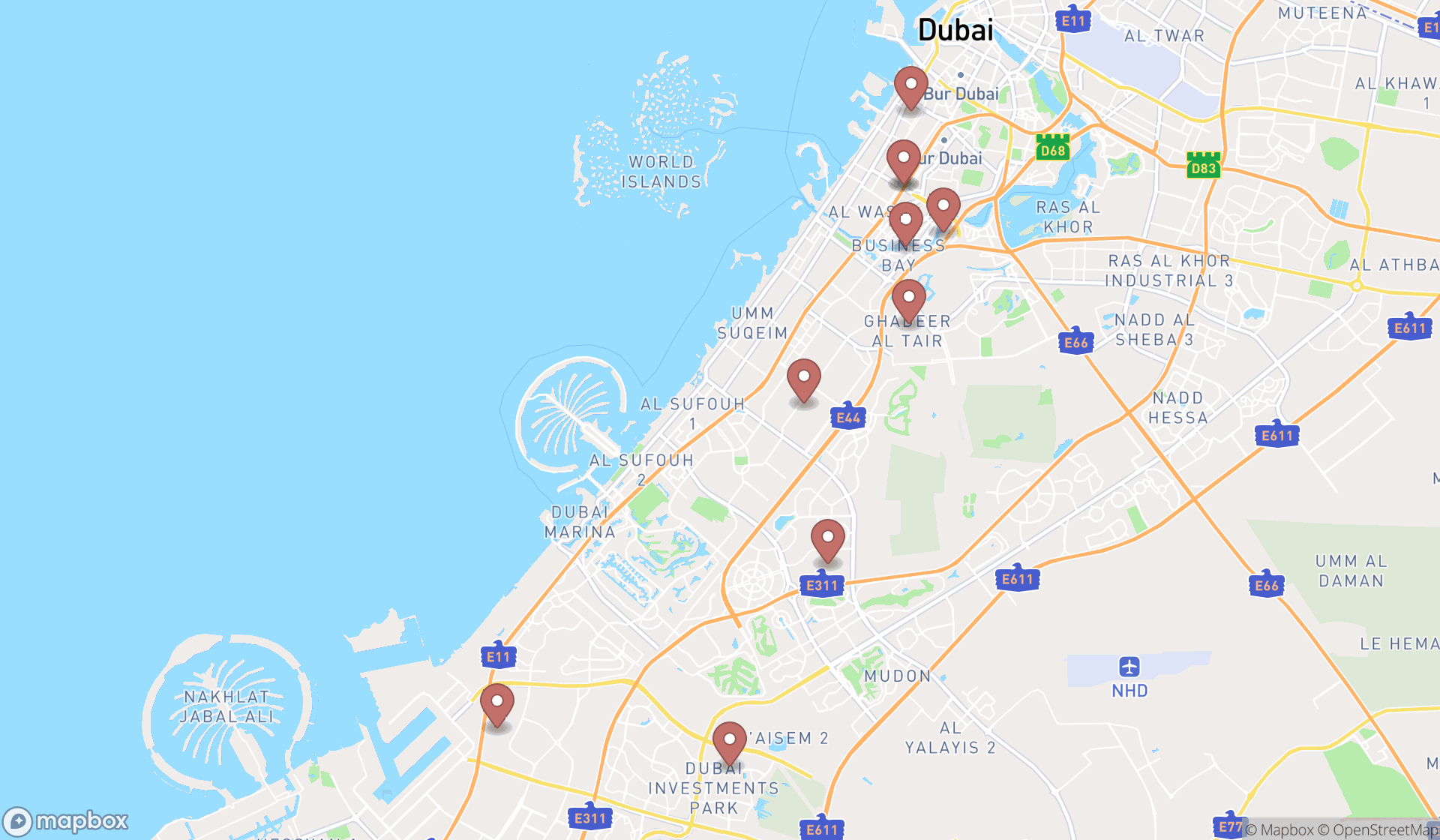 Map showing the ranked workers' clubs in Dubai, Dubai