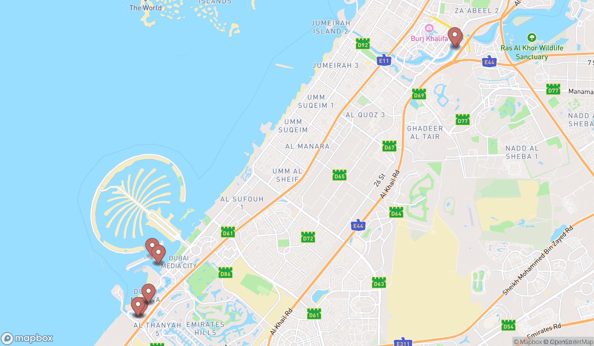Map showing the ranked yacht clubs in Dubai, Dubai