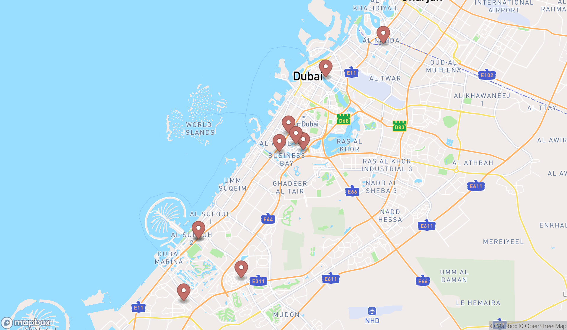 Map showing the ranked yoga retreat centers in Dubai, Dubai