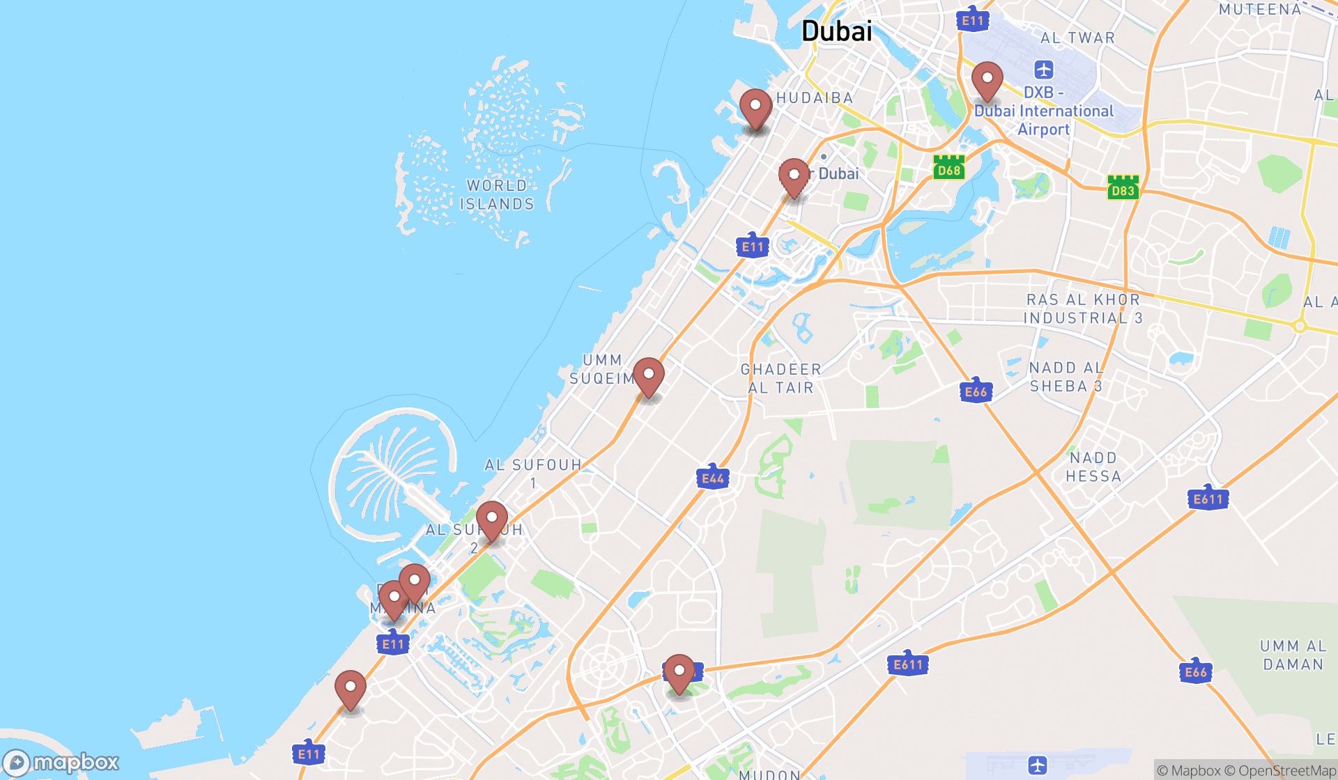 Map showing the ranked yoga studios in Dubai, Dubai