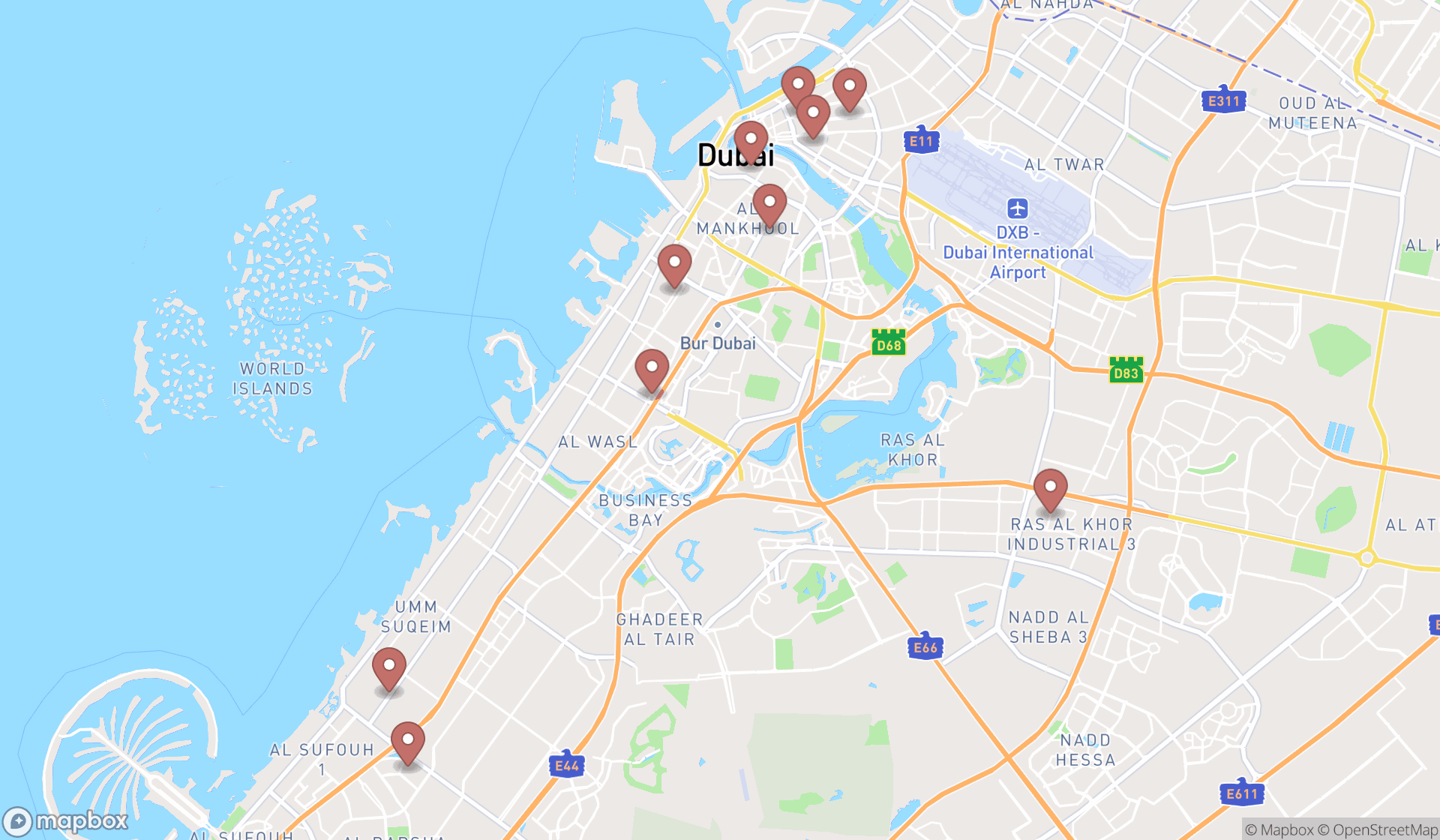 Map showing the ranked youth clothing stores in Dubai, Dubai