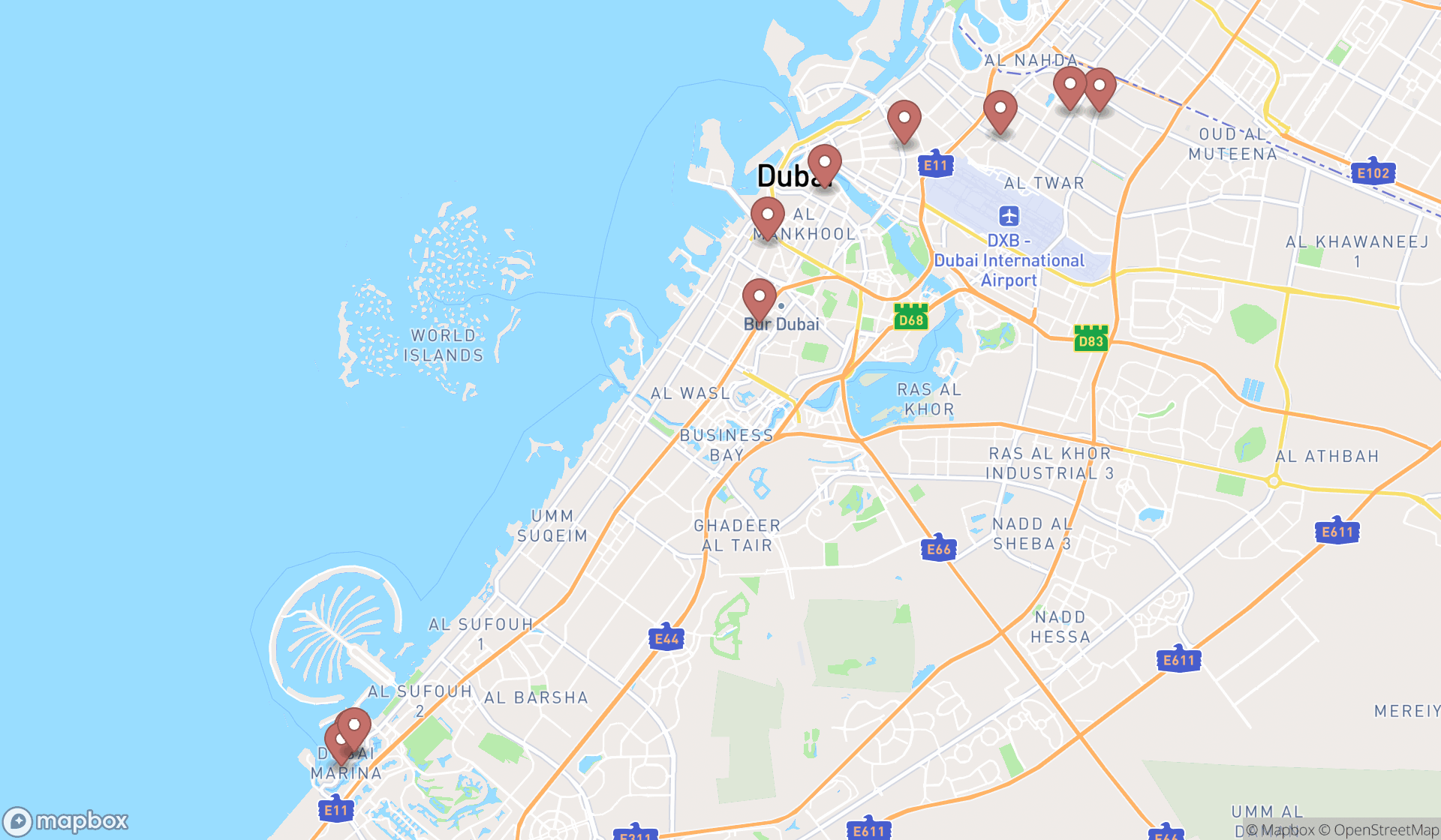 Map showing the ranked youth hostels in Dubai, Dubai