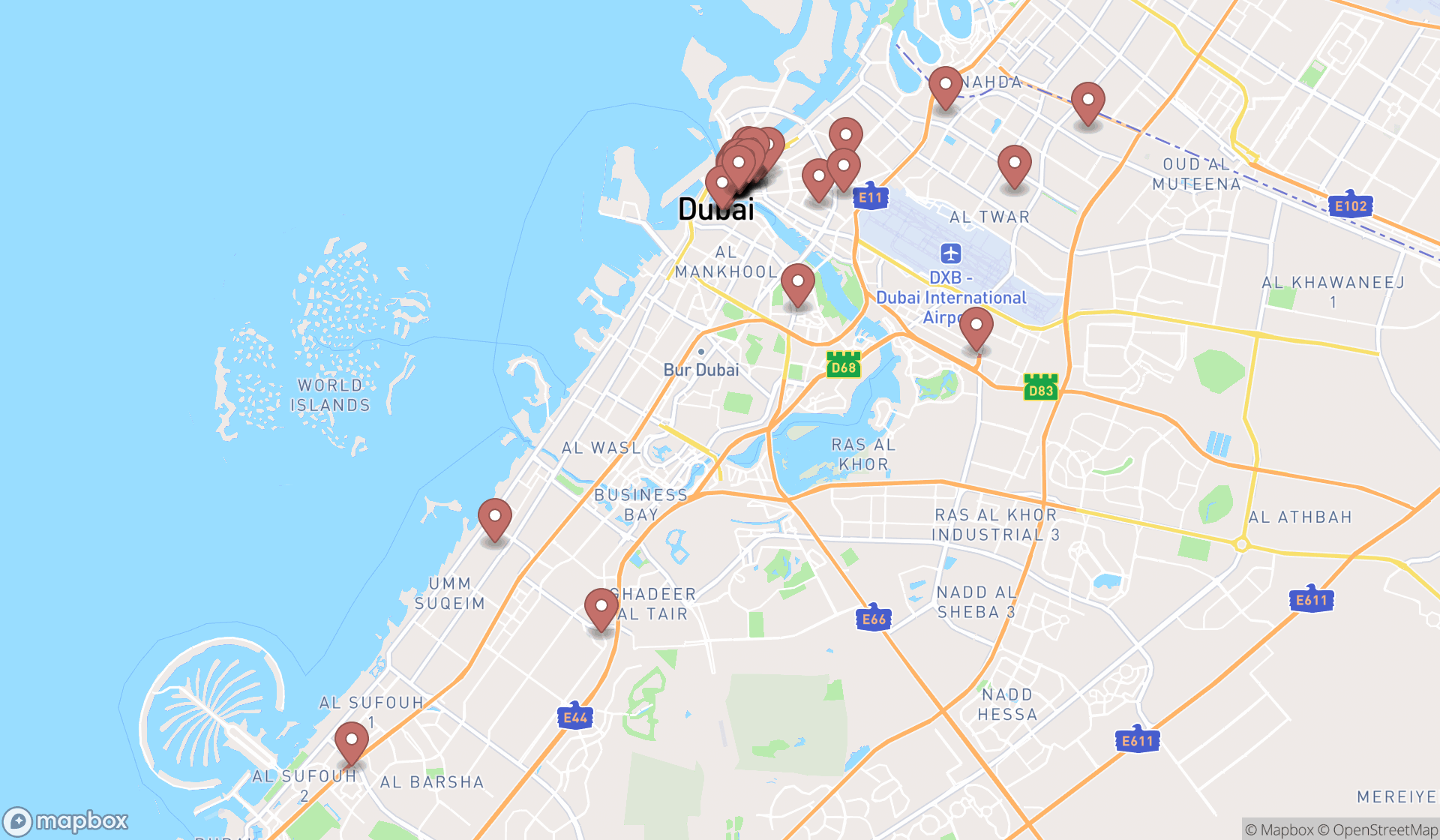 Map showing the search results in Dubai