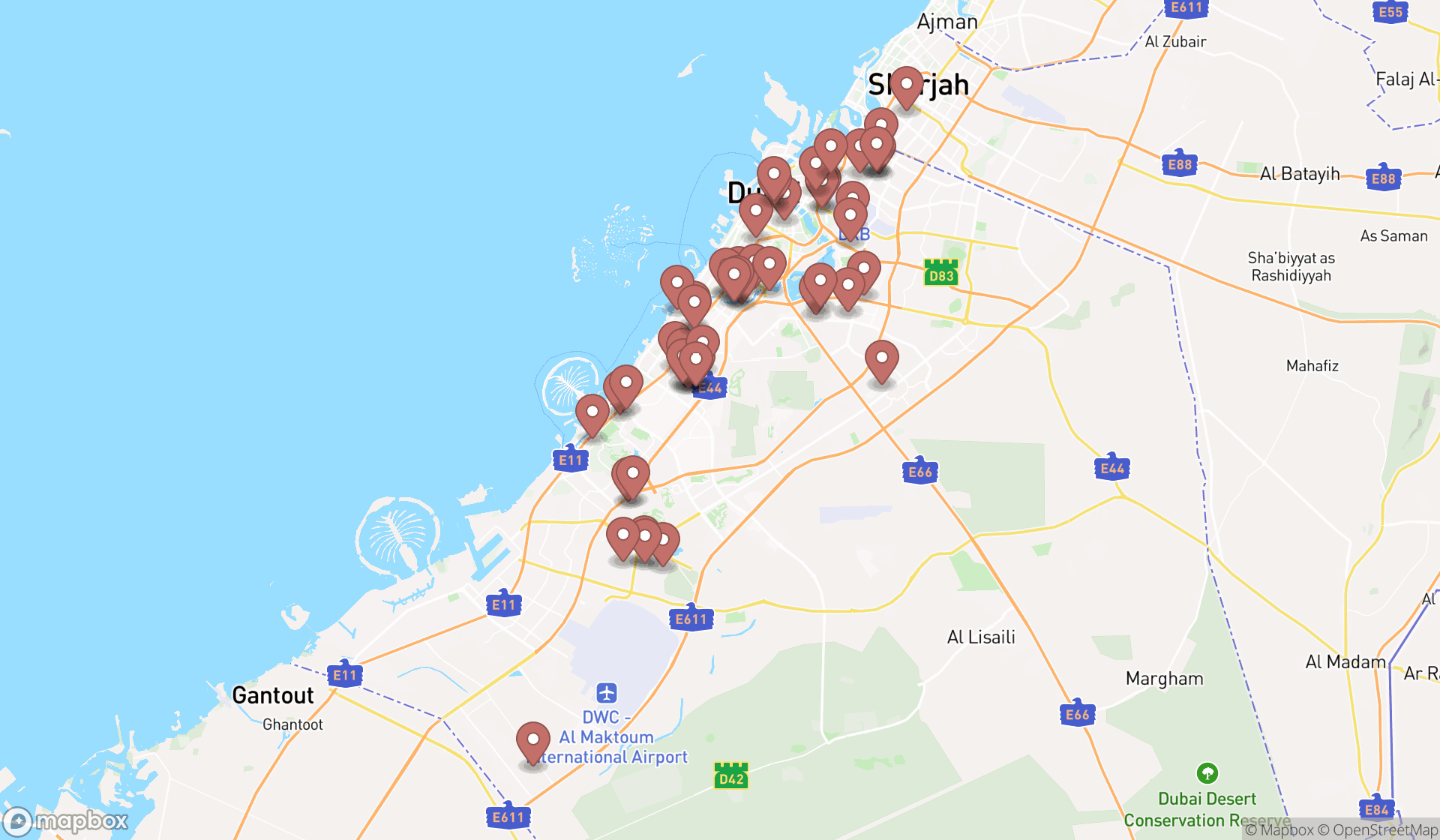 Map showing the search results in Dubai
