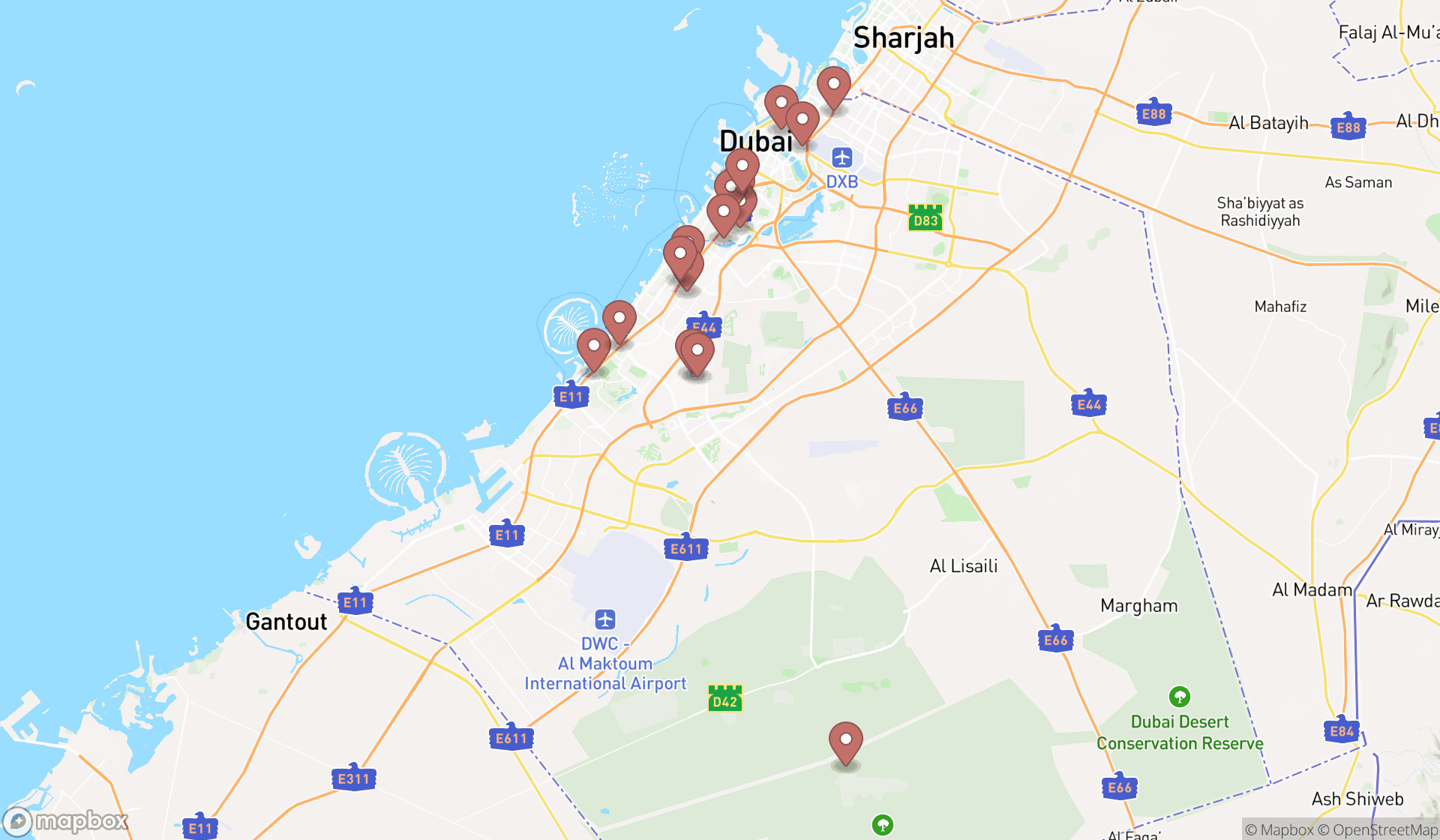 Map showing the search results in Dubai