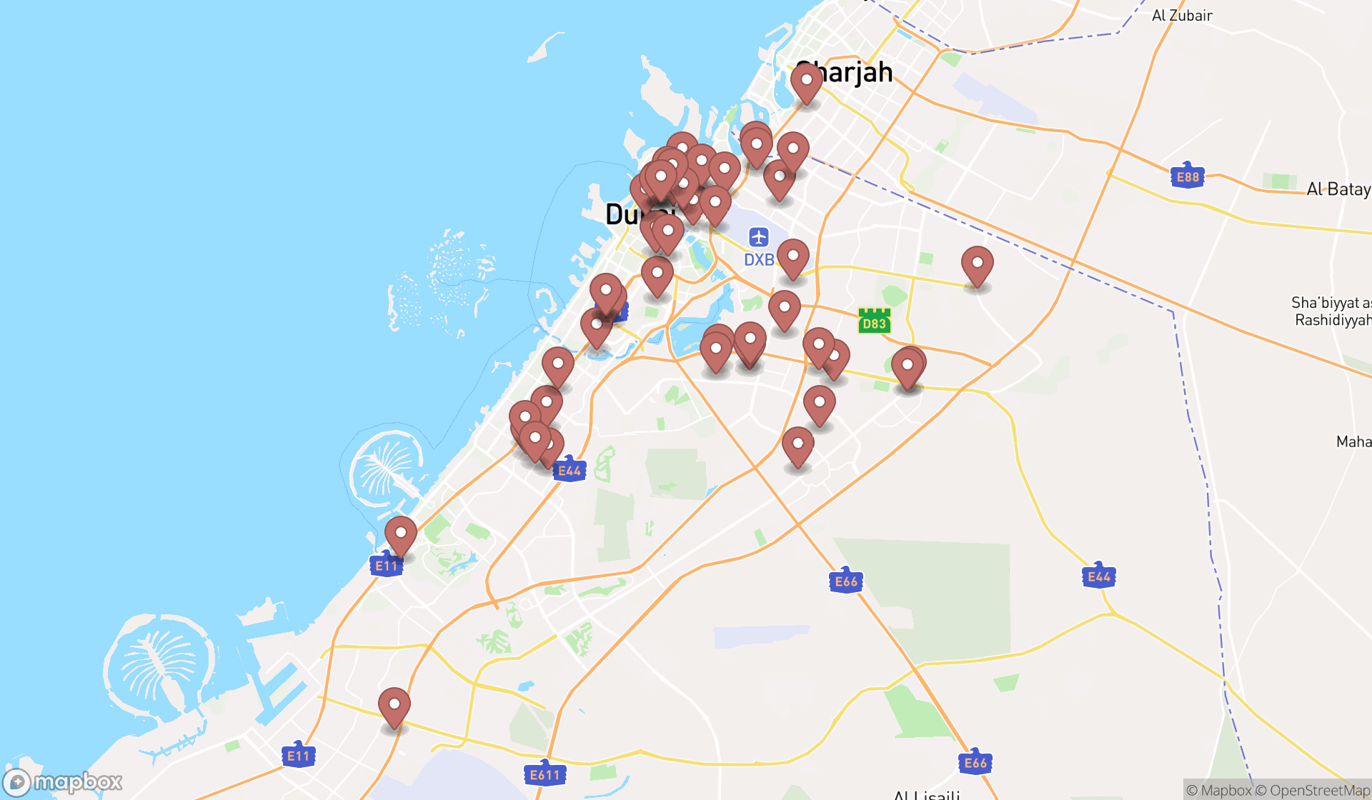 Map showing the search results in Dubai