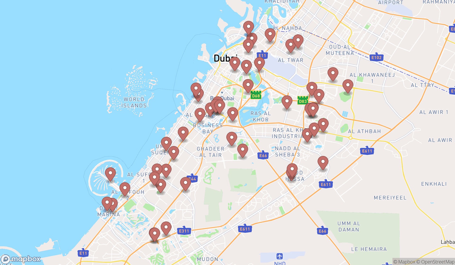 Map showing the search results in Dubai