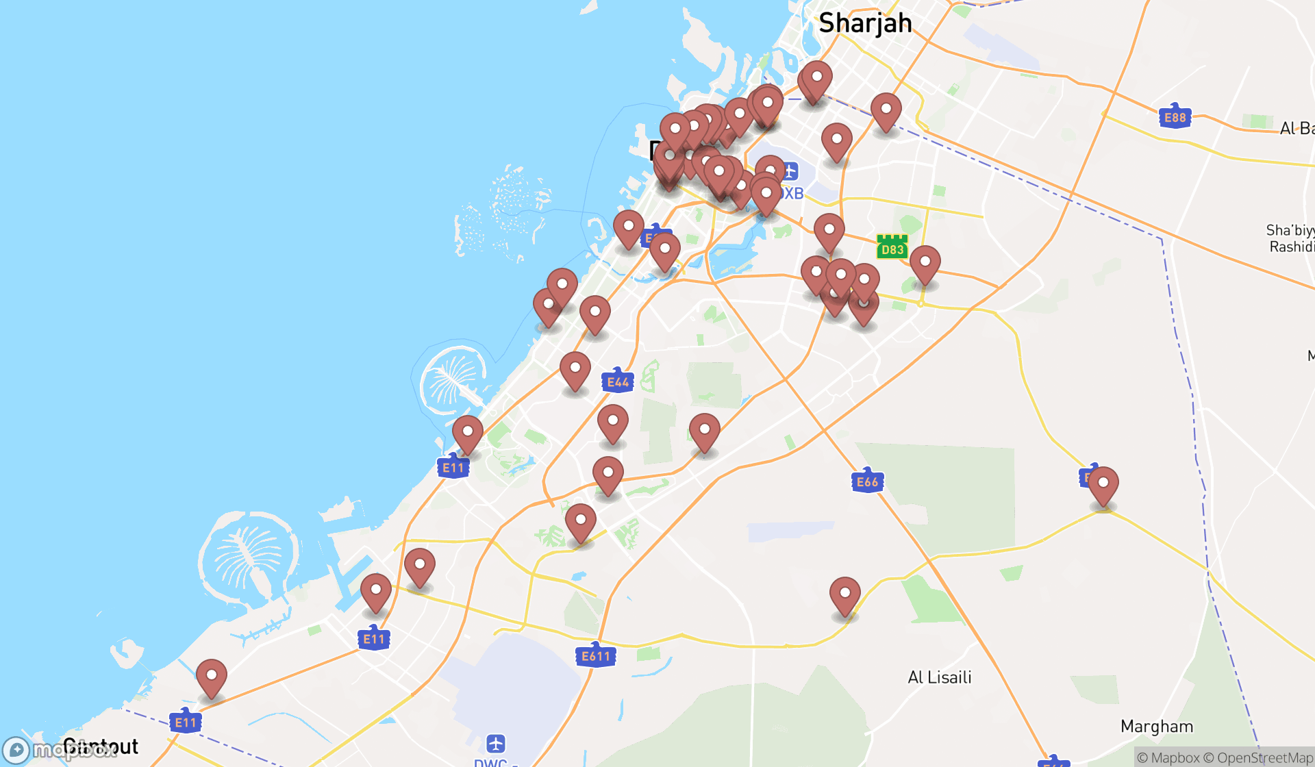 Map showing the search results in Dubai