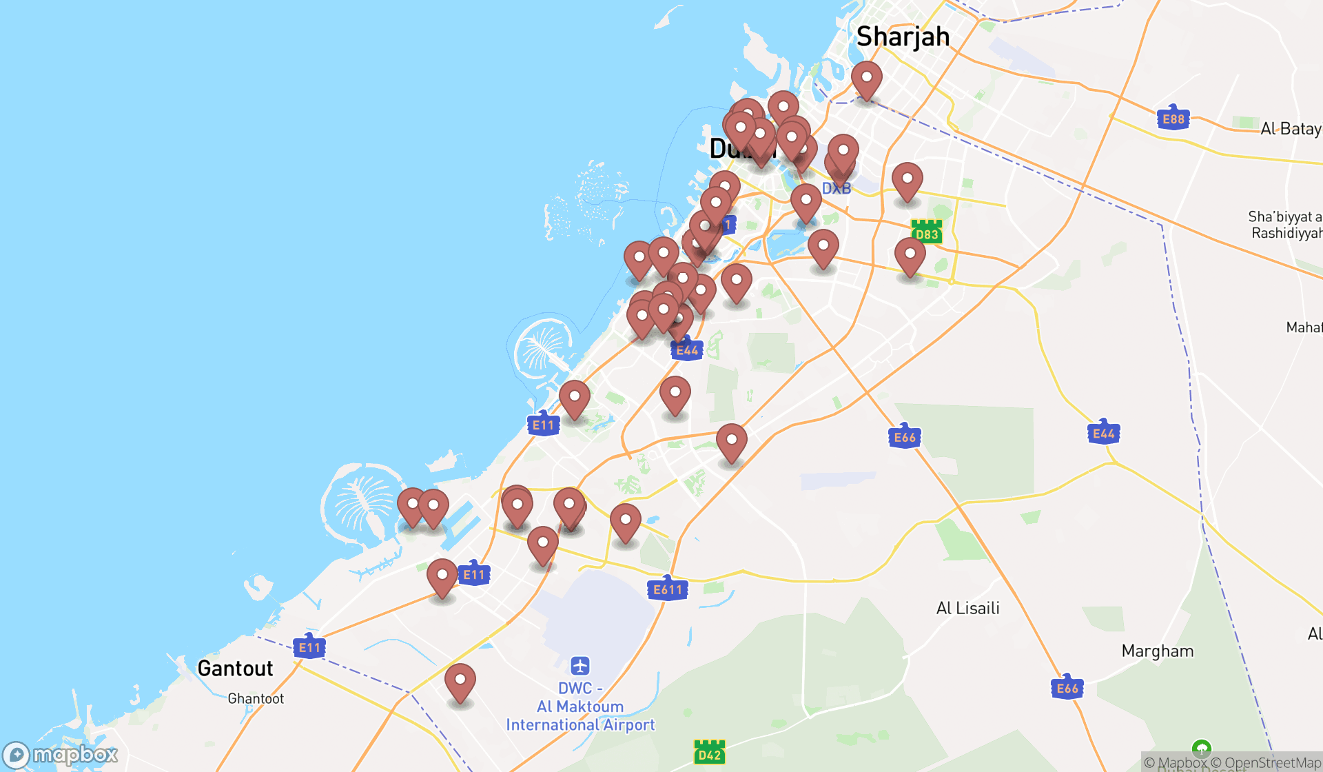 Map showing the search results in Dubai