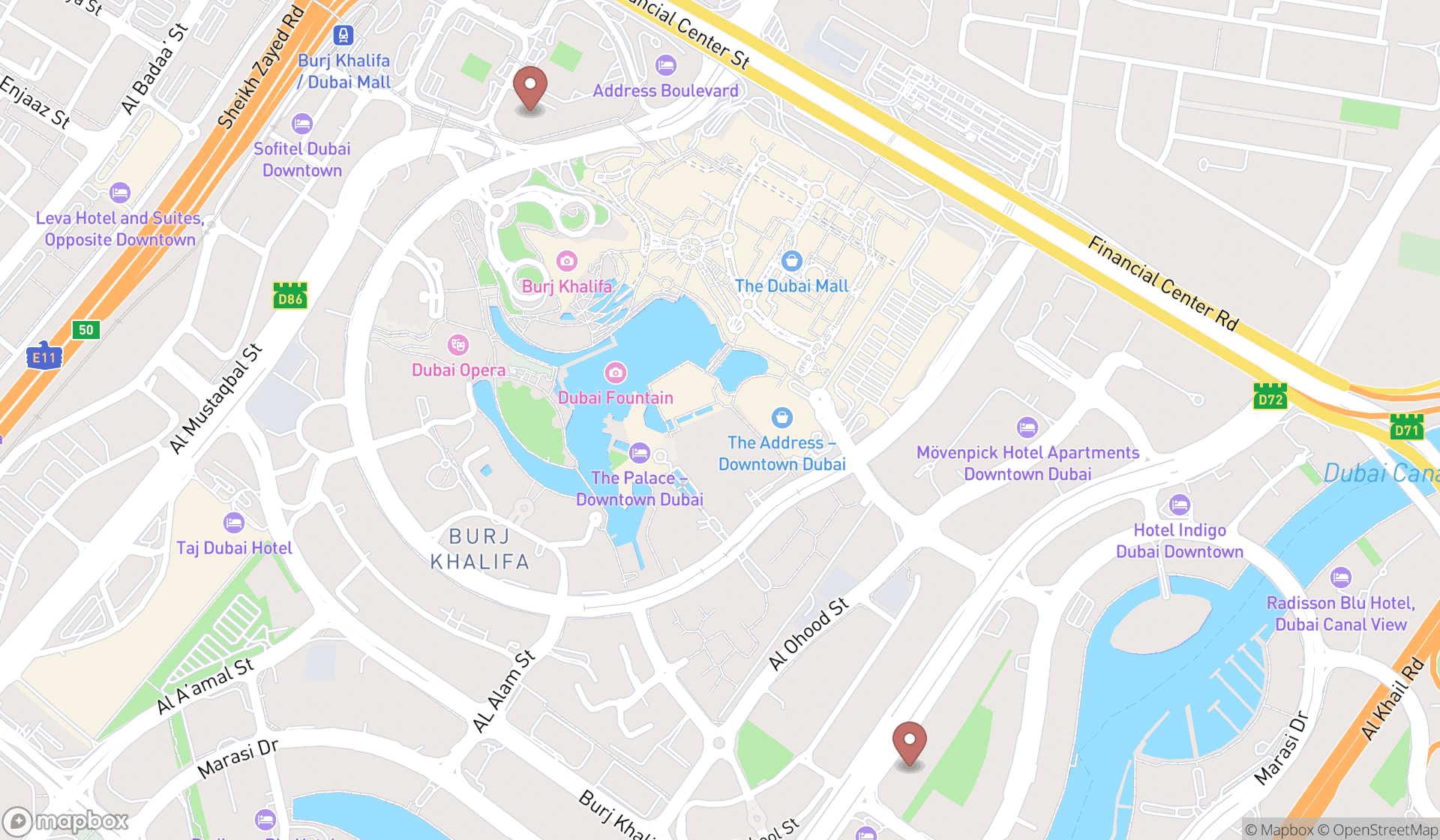 Map showing the search results in Dubai