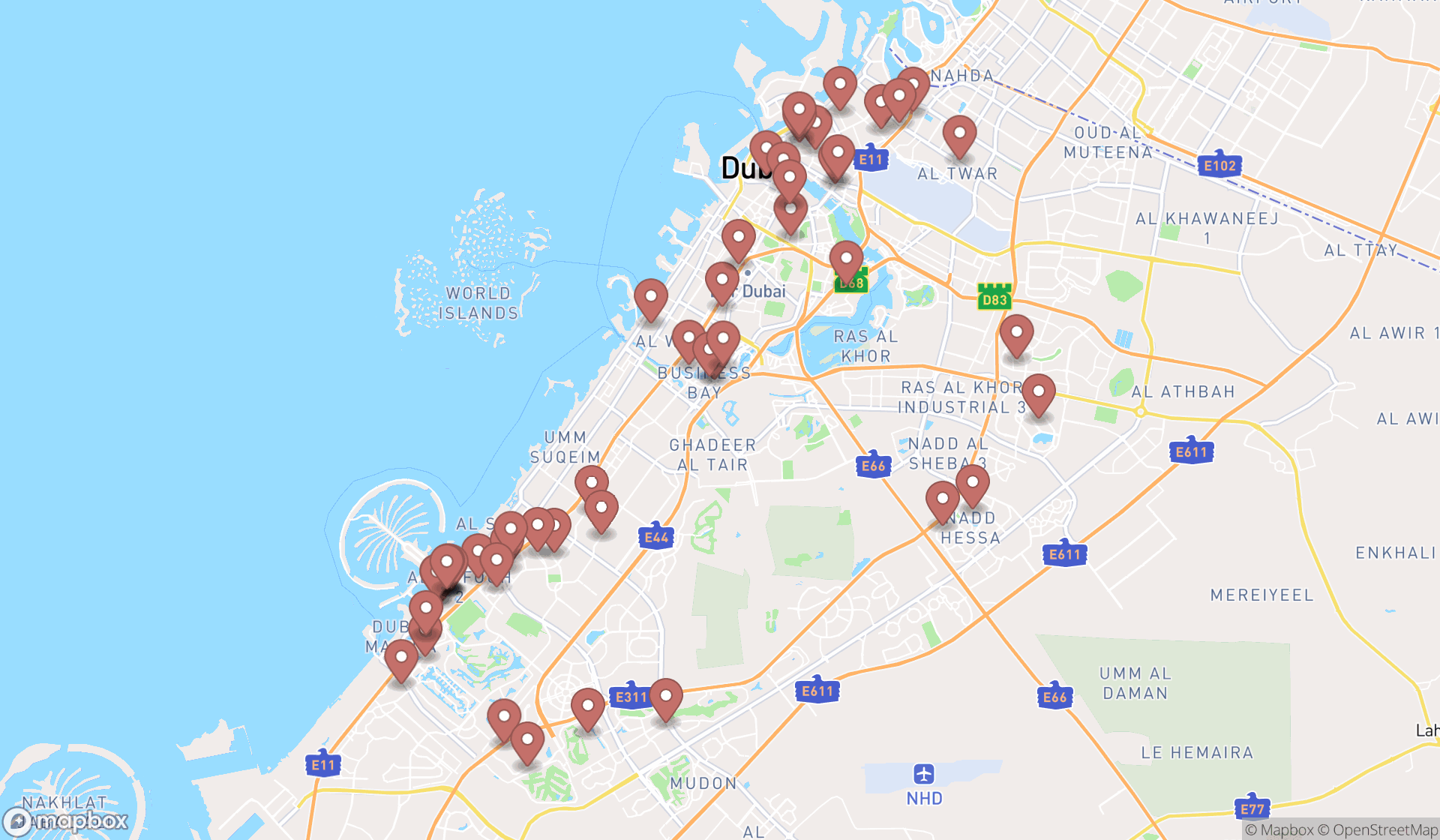 Map showing the search results in Dubai