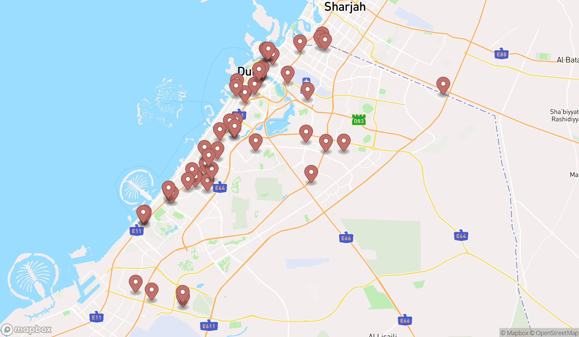 Map showing the search results in Dubai