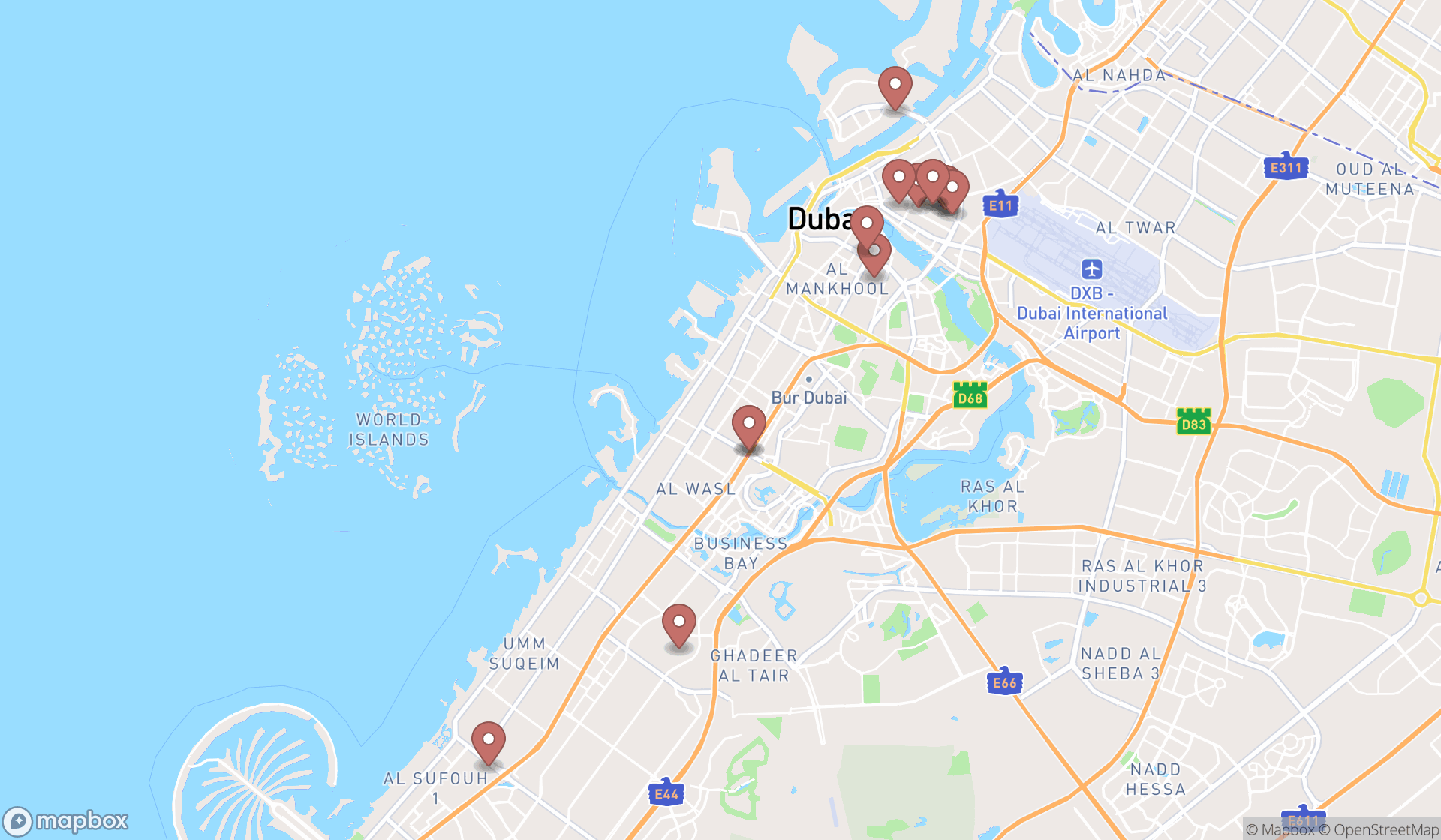 Map showing the search results in Dubai