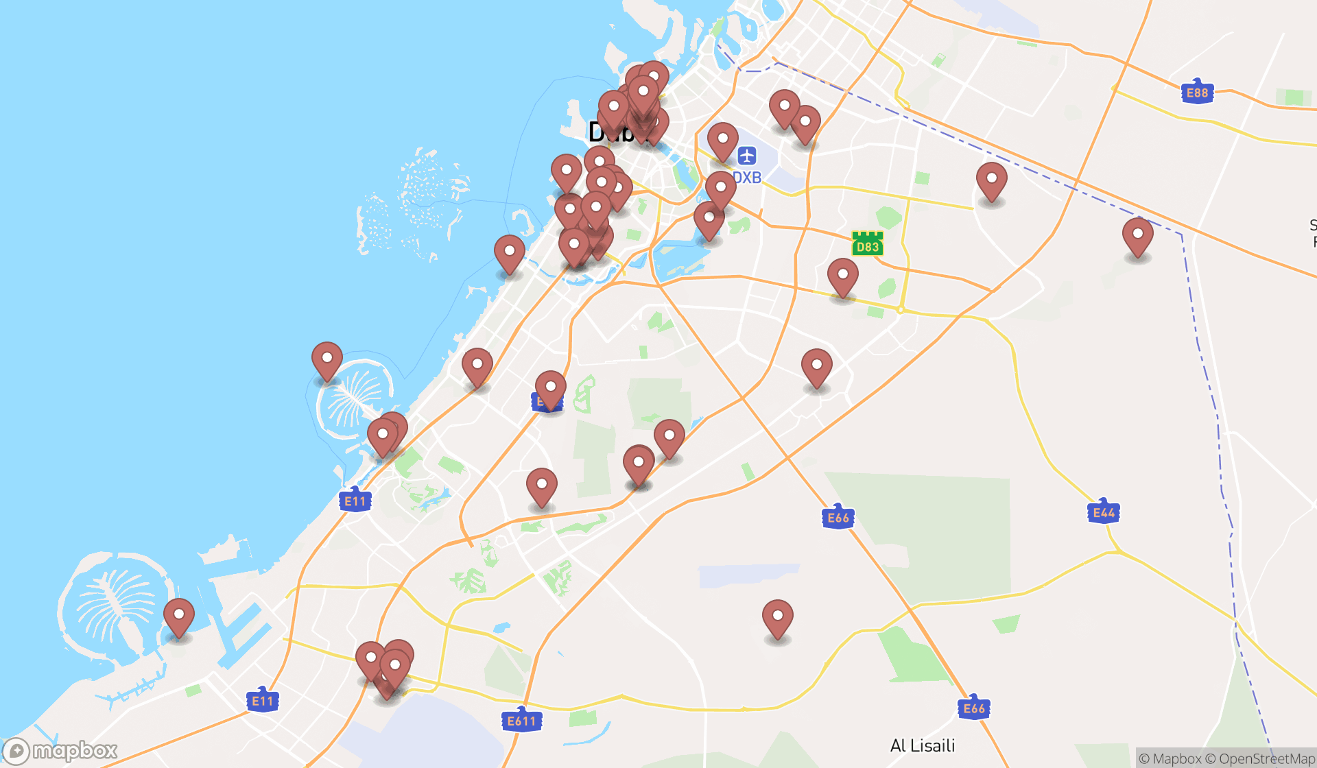 Map showing the search results in Dubai