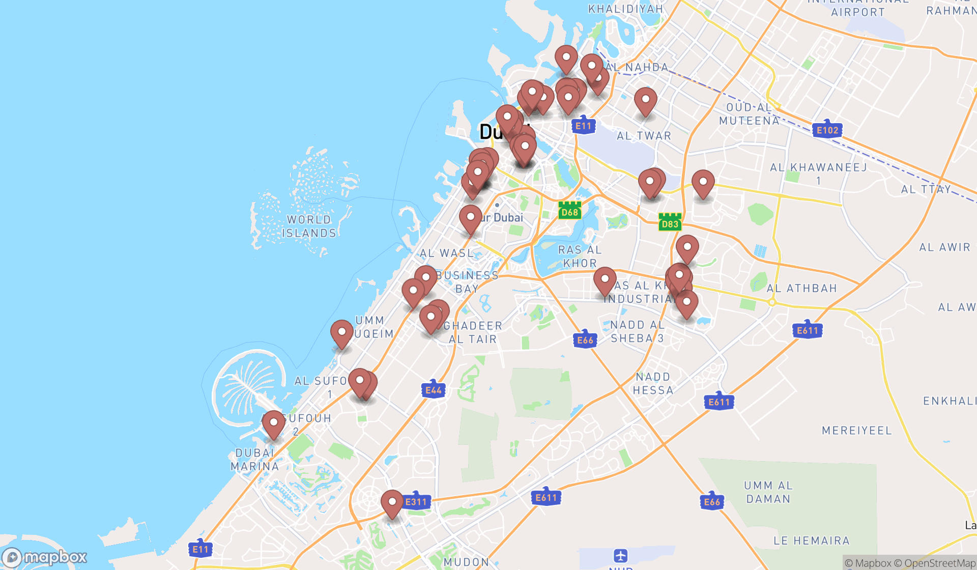 Map showing the search results in Dubai