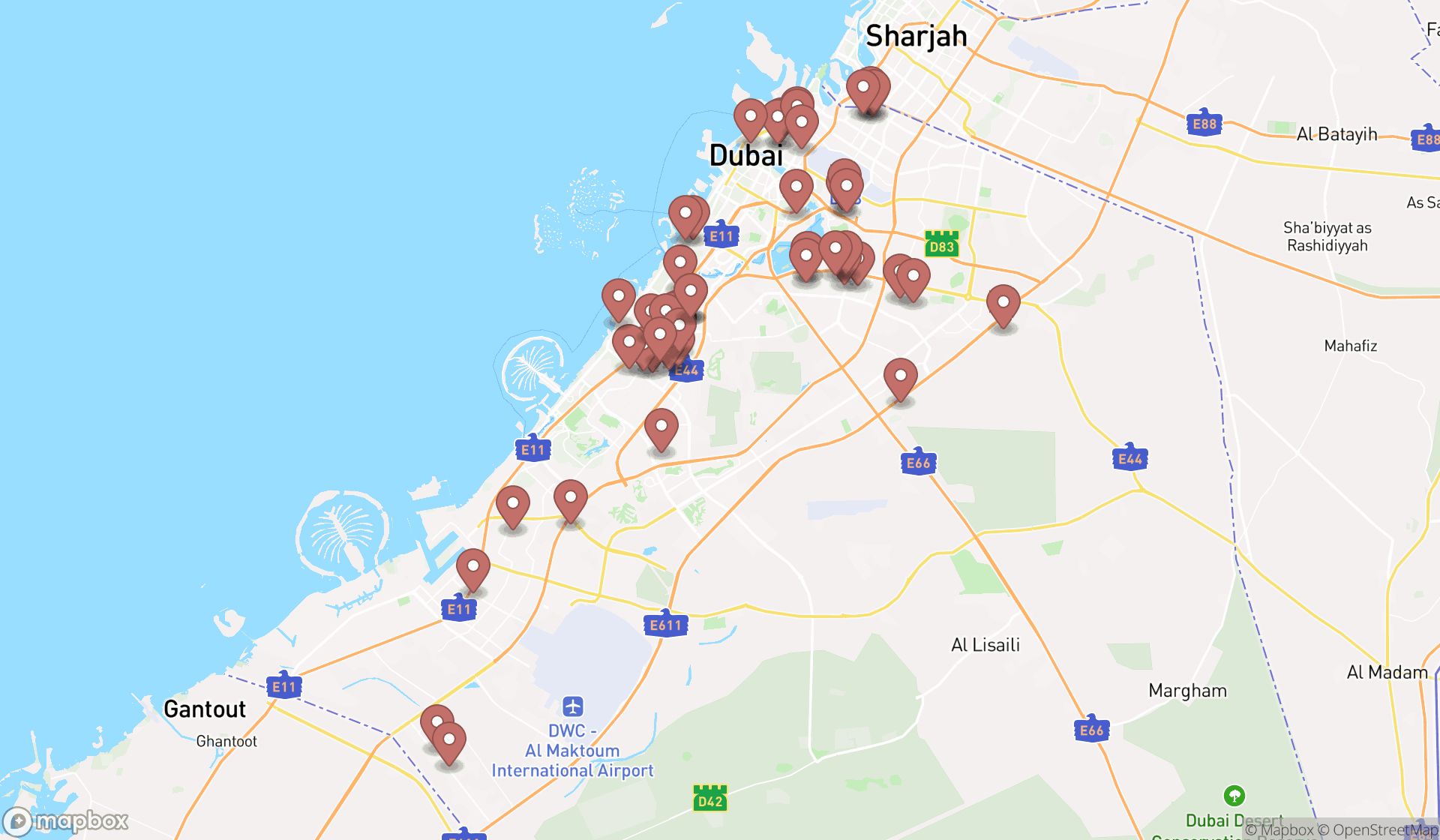 Map showing the search results in Dubai