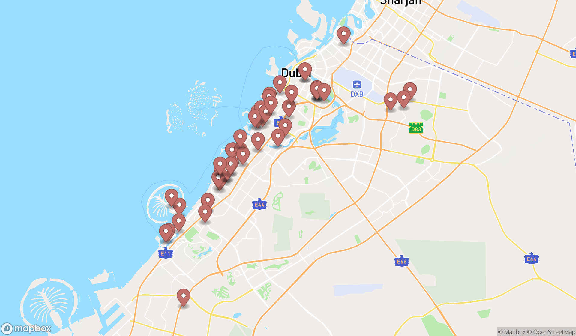 Map showing the search results in Dubai
