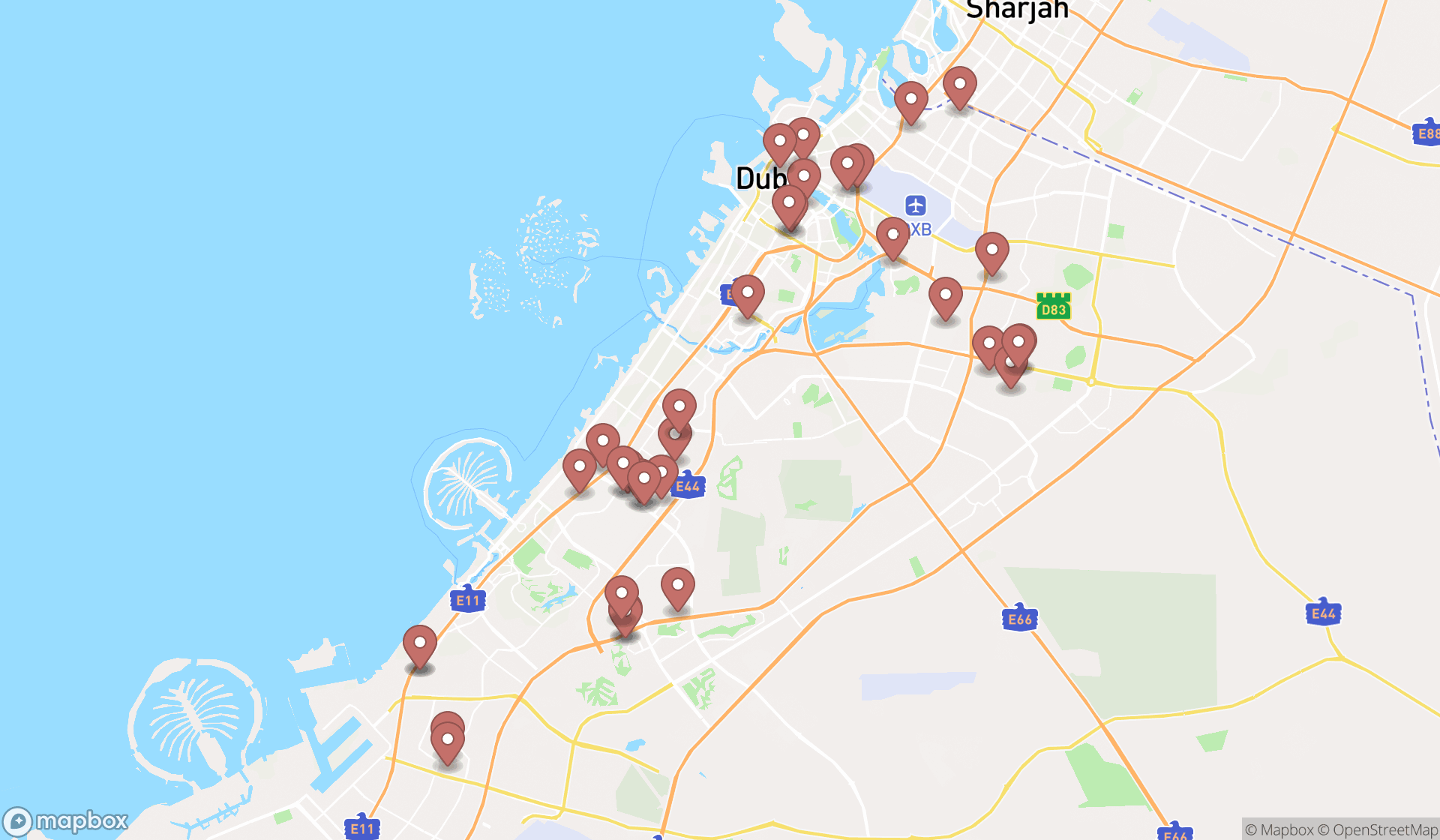 Map showing the search results in Dubai
