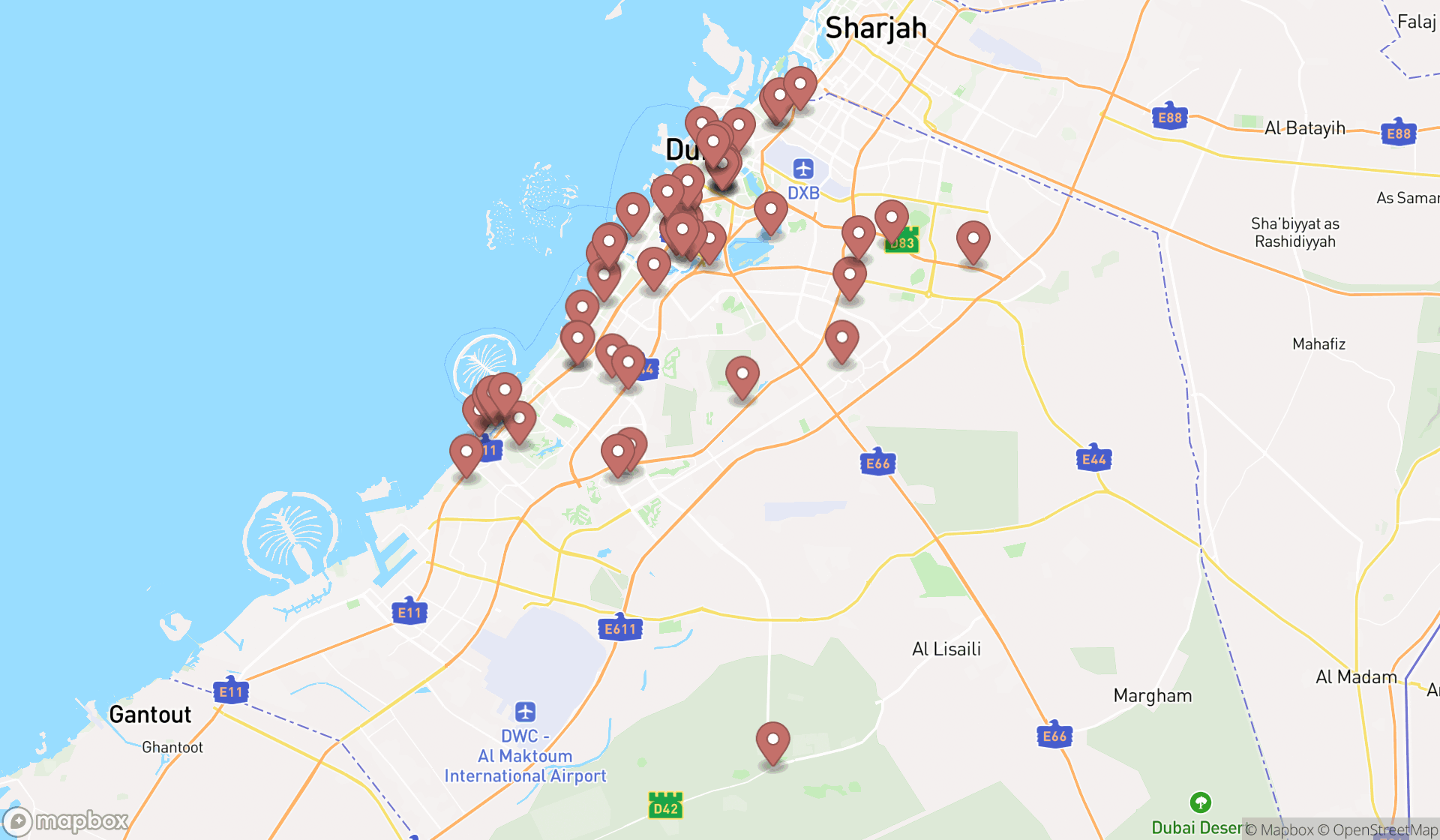 Map showing the search results in Dubai