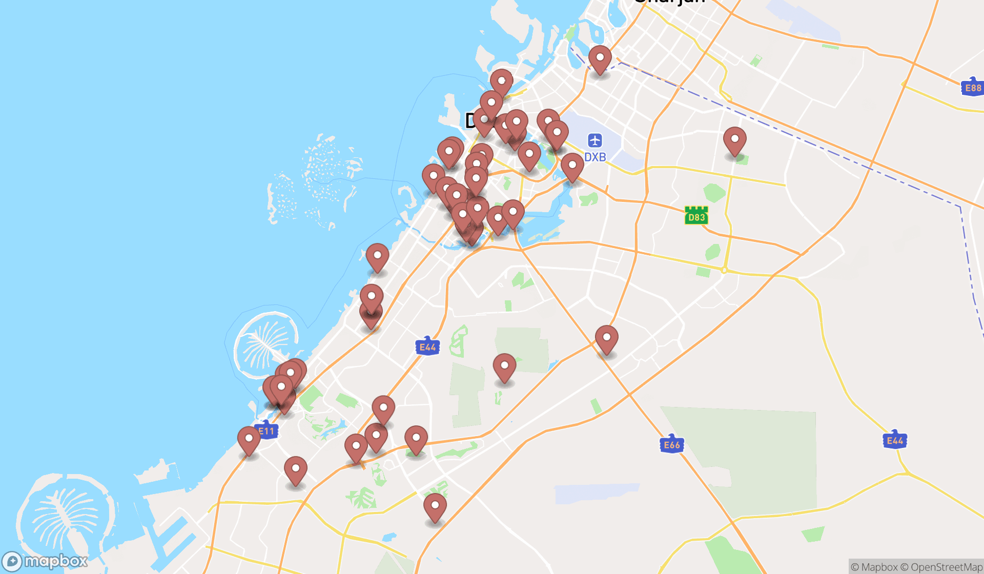 Map showing the search results in Dubai