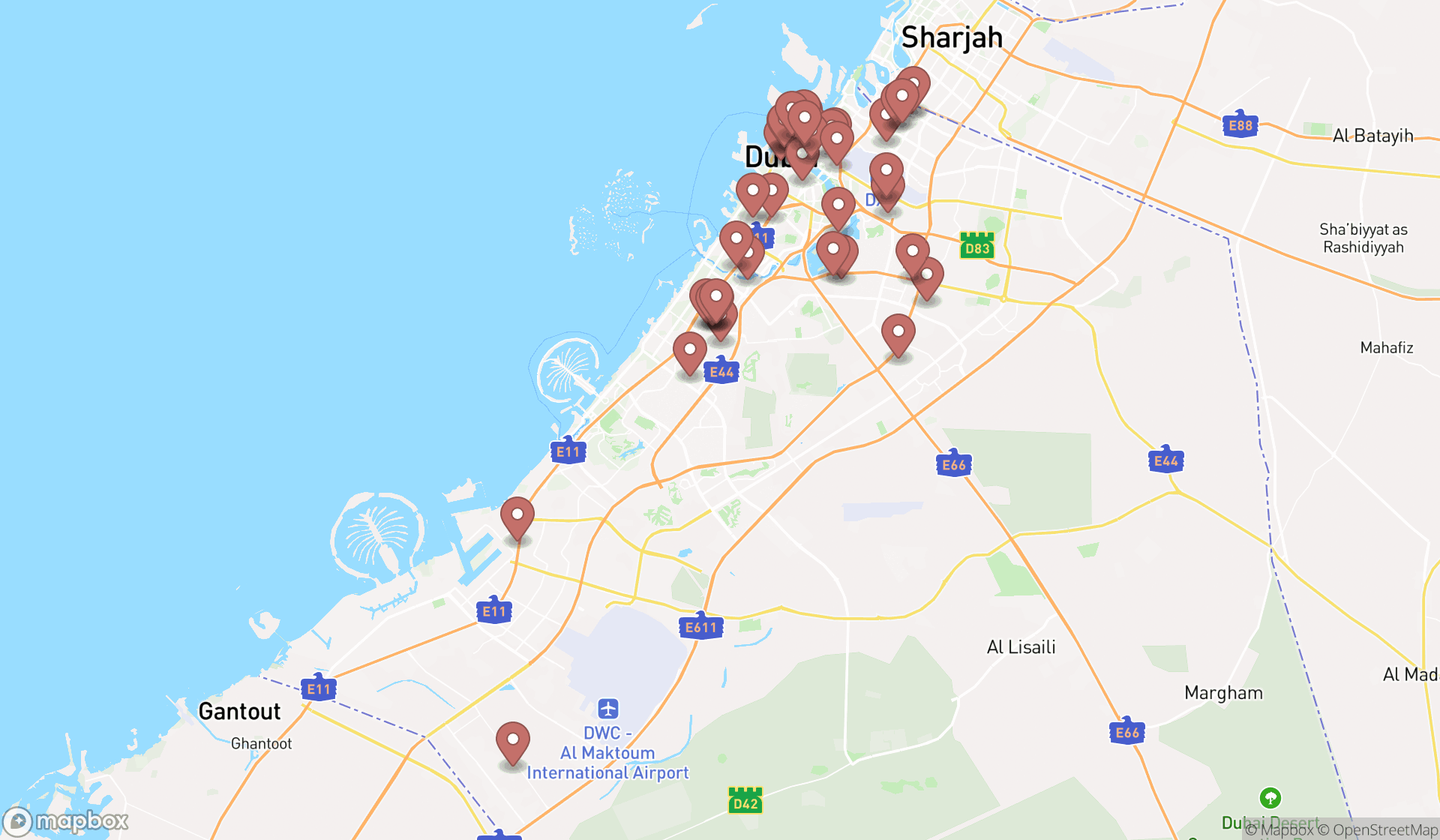 Map showing the search results in Dubai