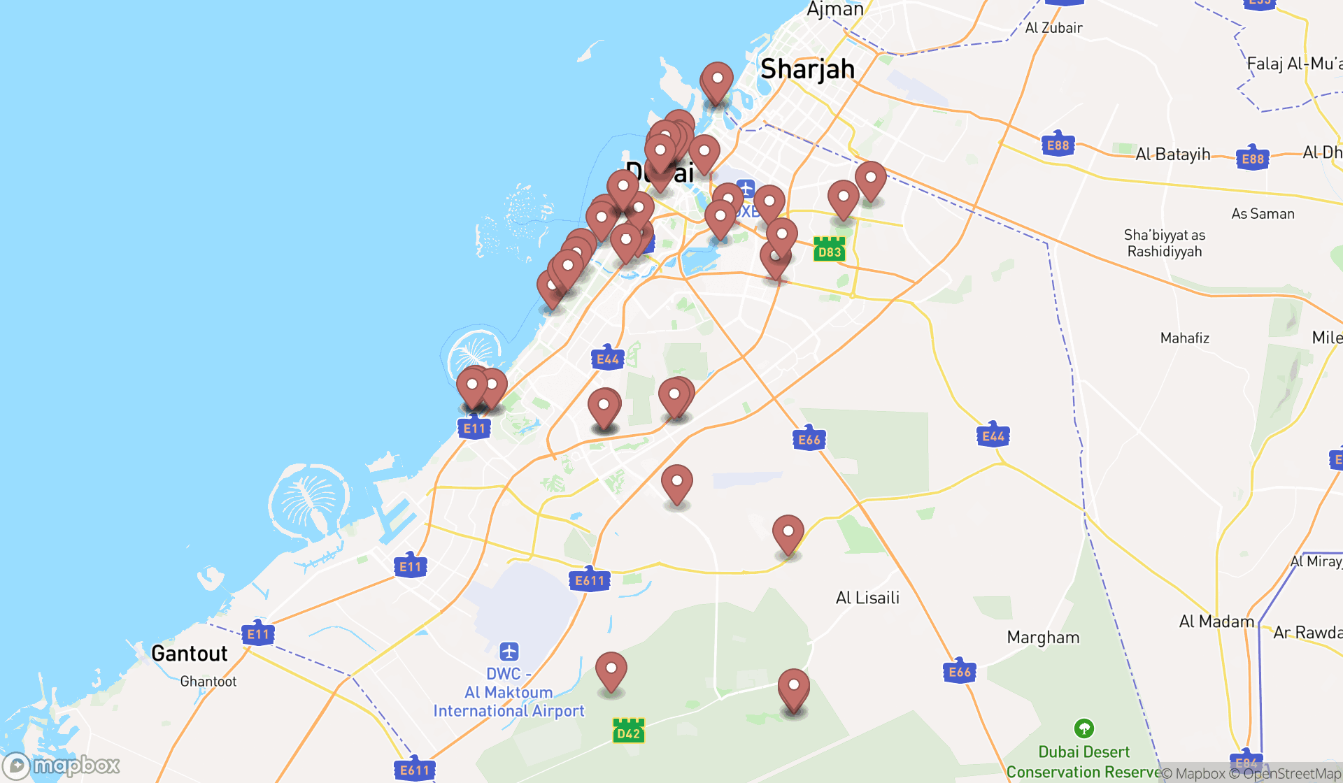 Map showing the search results in Dubai