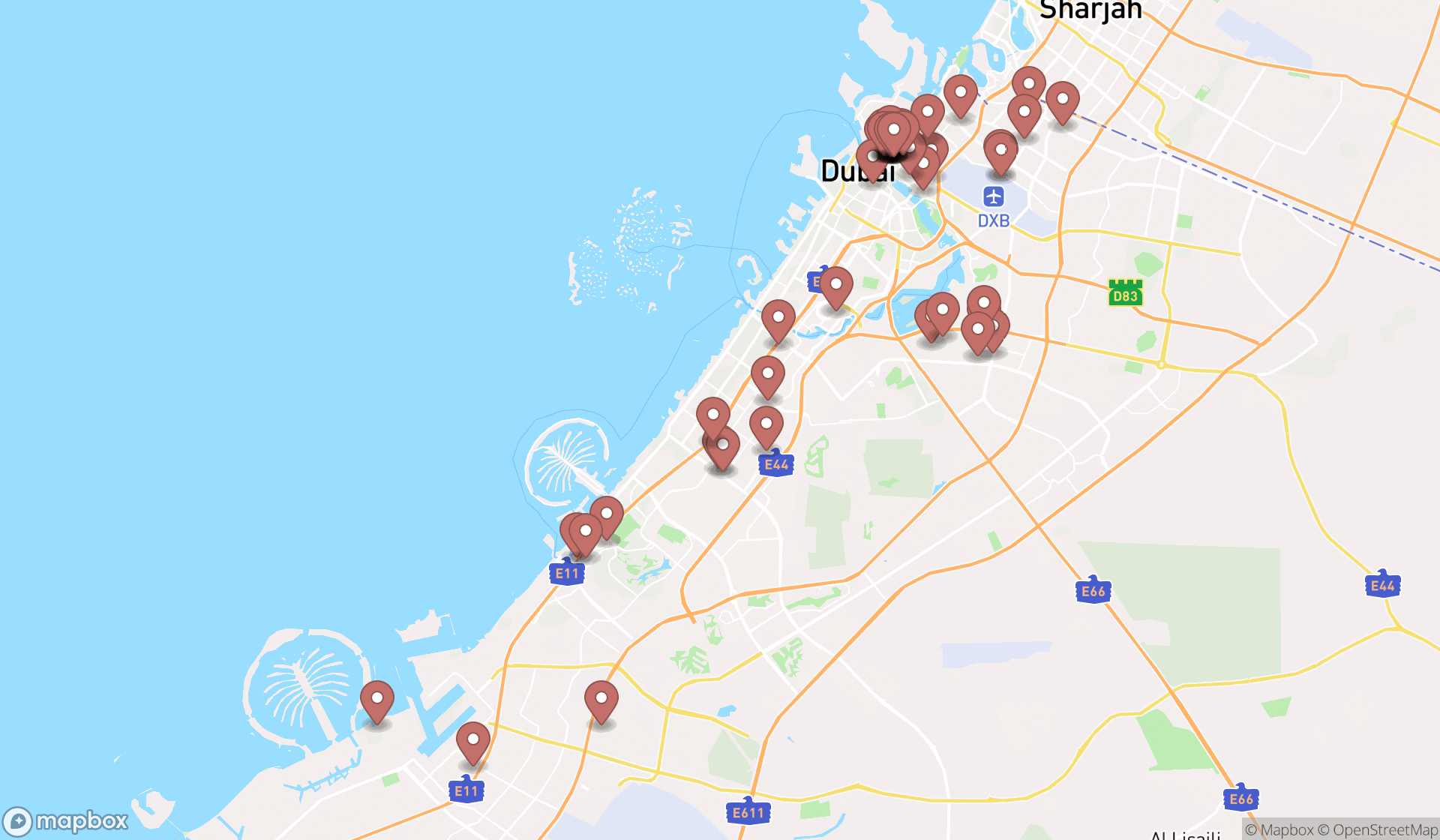 Map showing the search results in Dubai