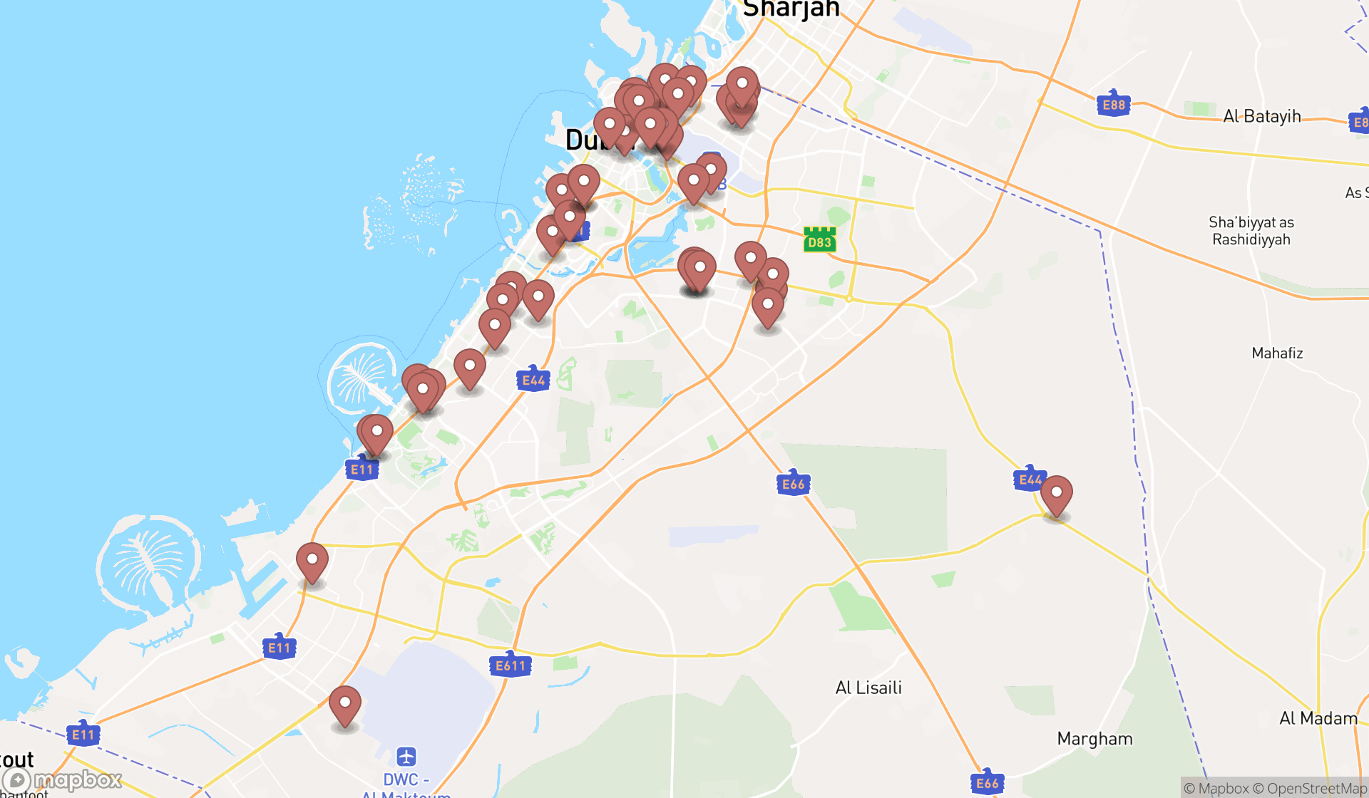 Map showing the search results in Dubai