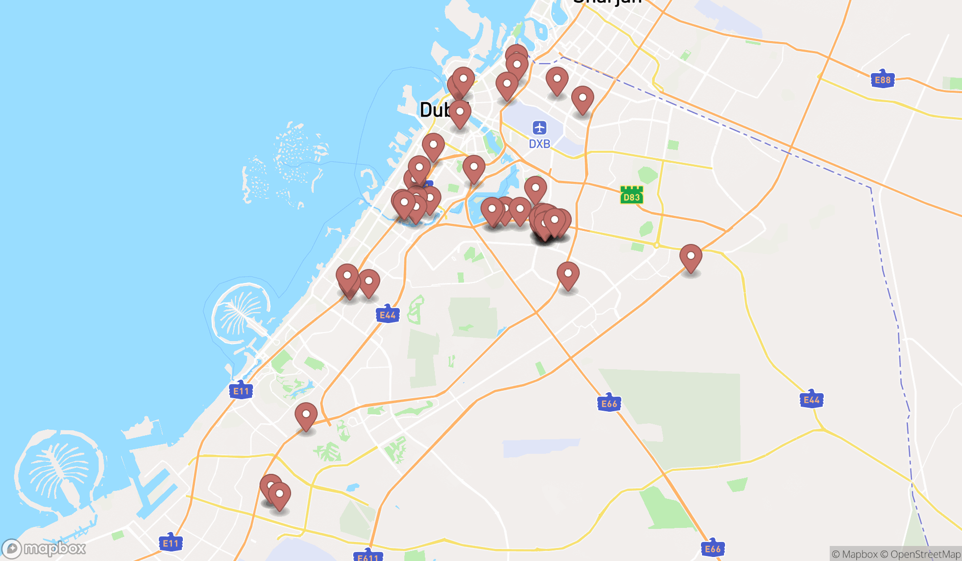 Map showing the search results in Dubai