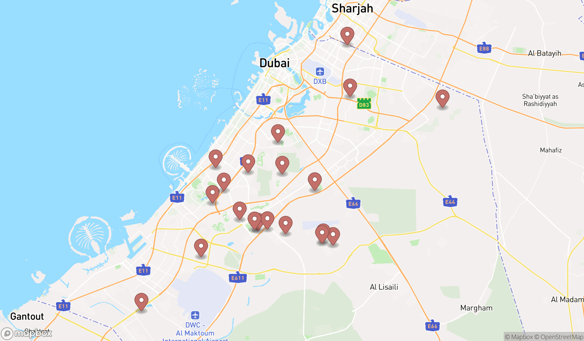 Map showing the search results in Dubai