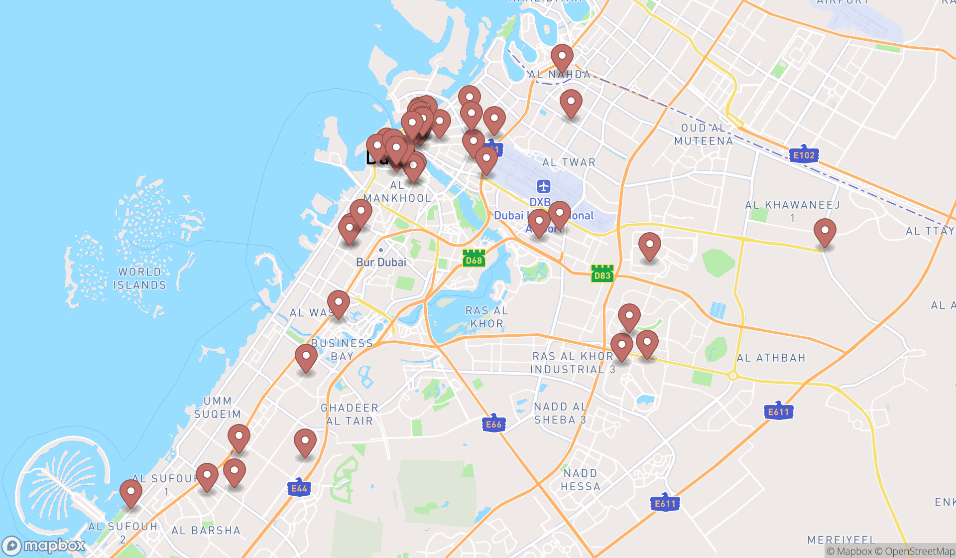 Map showing the search results in Dubai