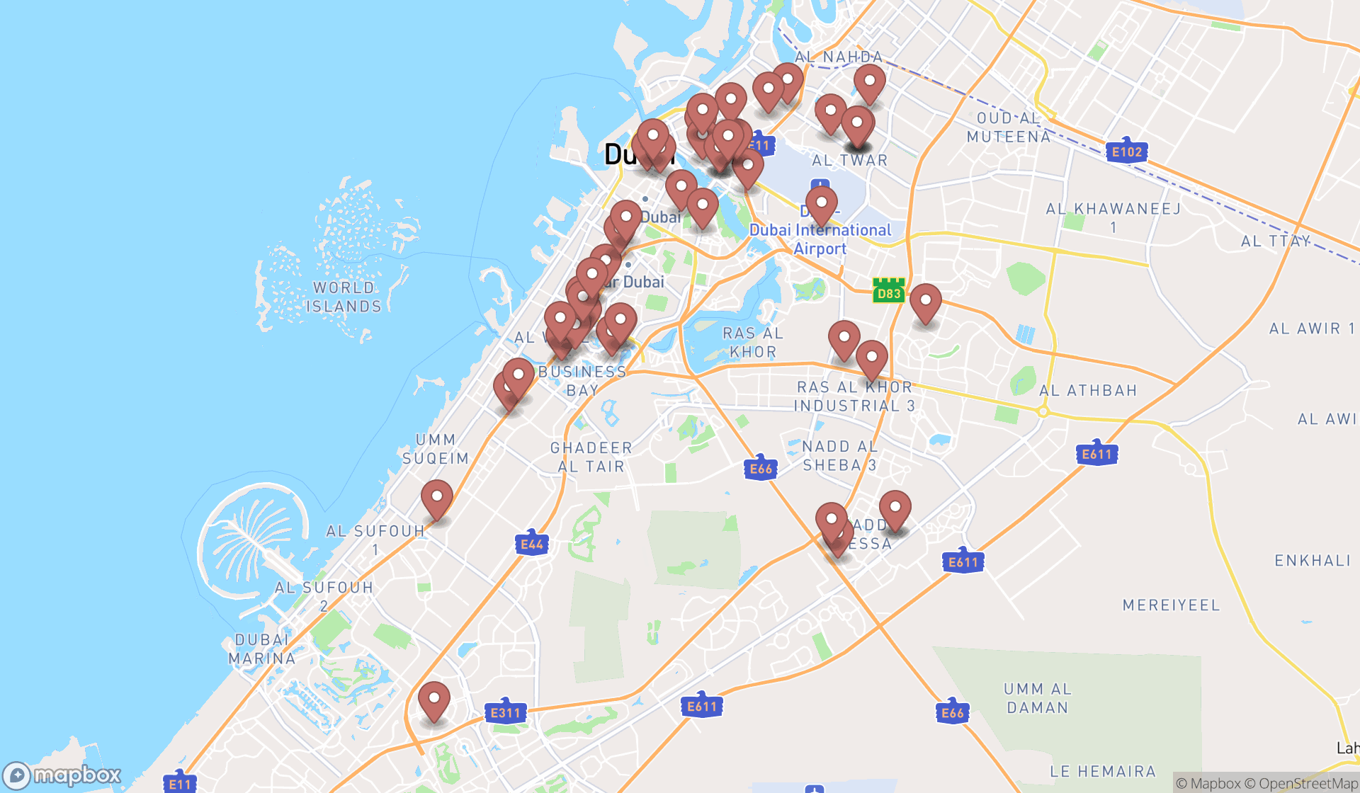 Map showing the search results in Dubai