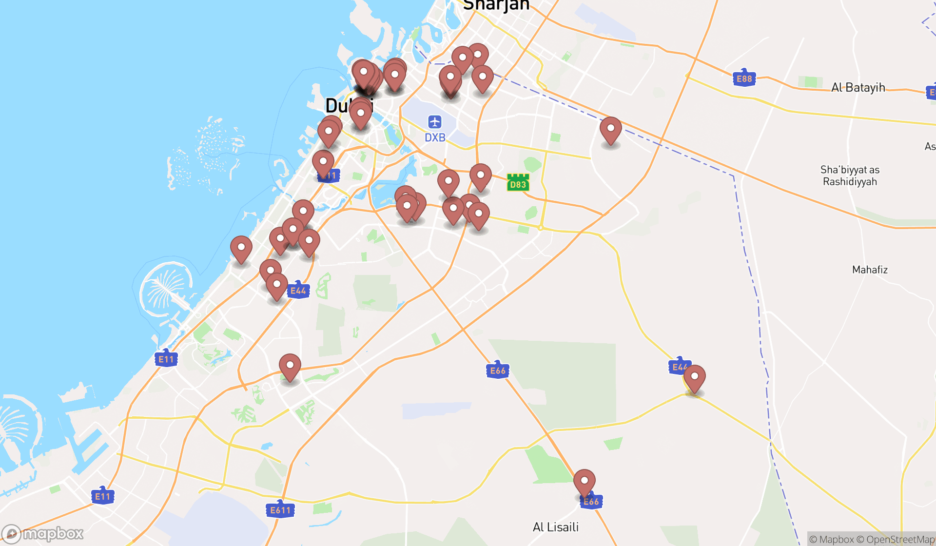 Map showing the search results in Dubai