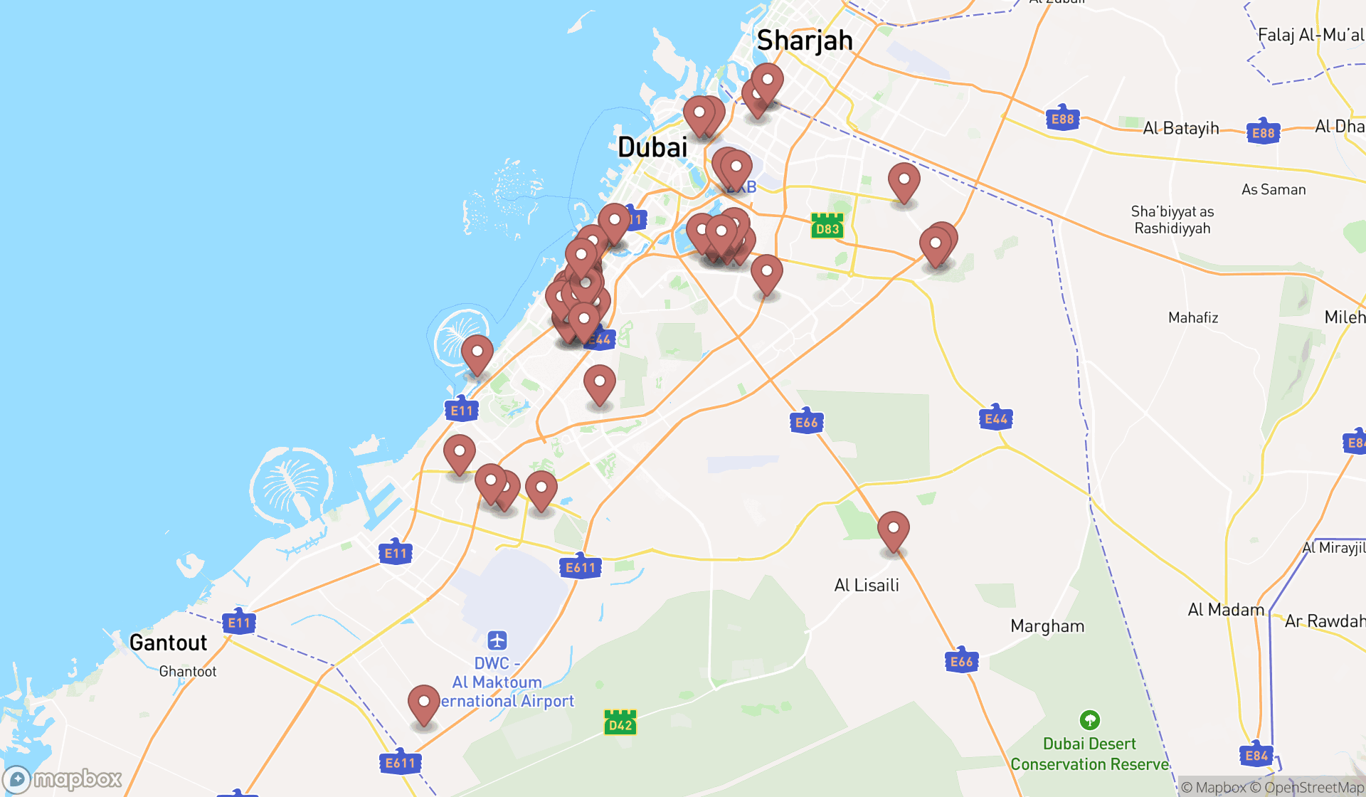 Map showing the search results in Dubai