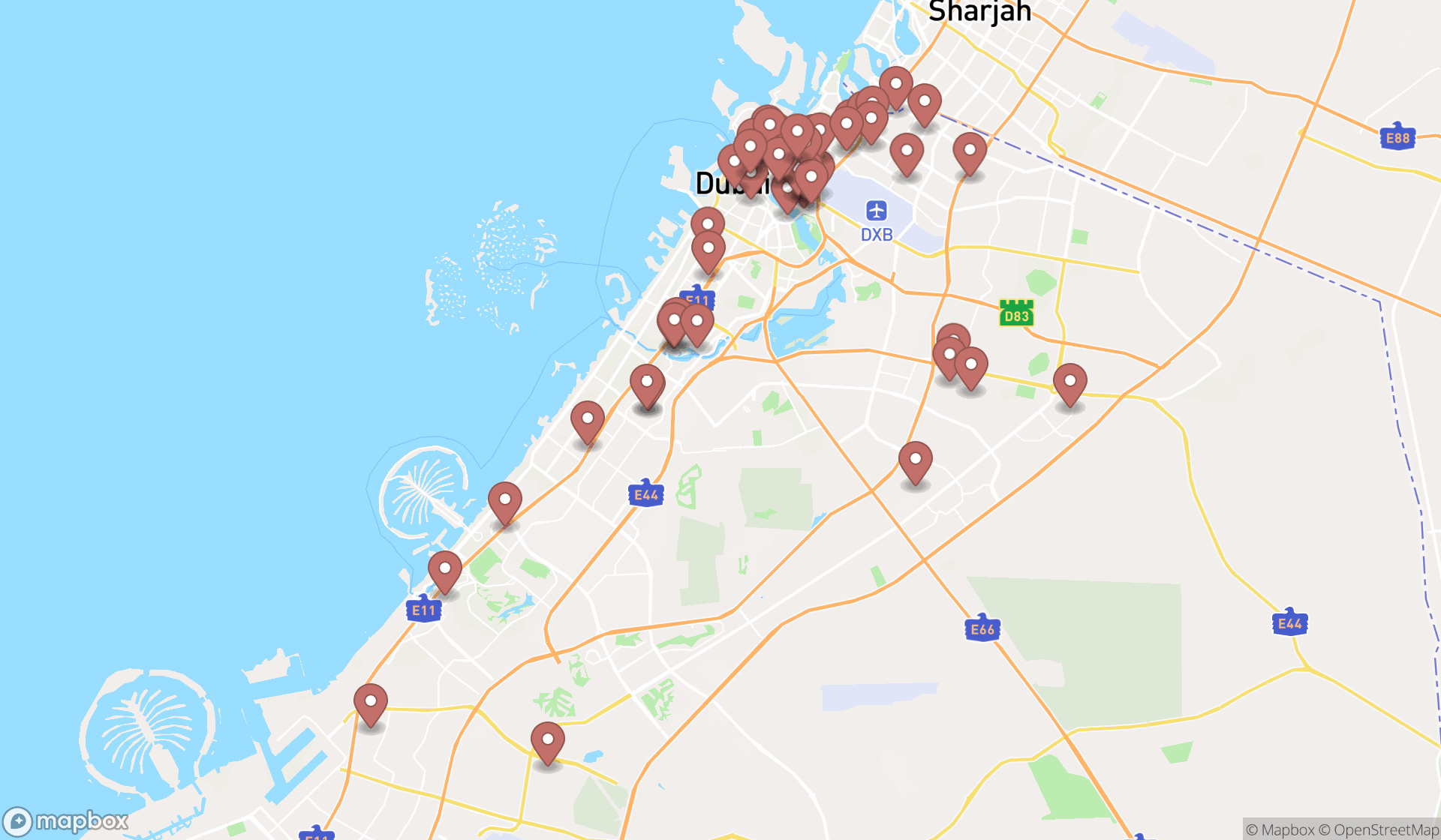 Map showing the search results in Dubai