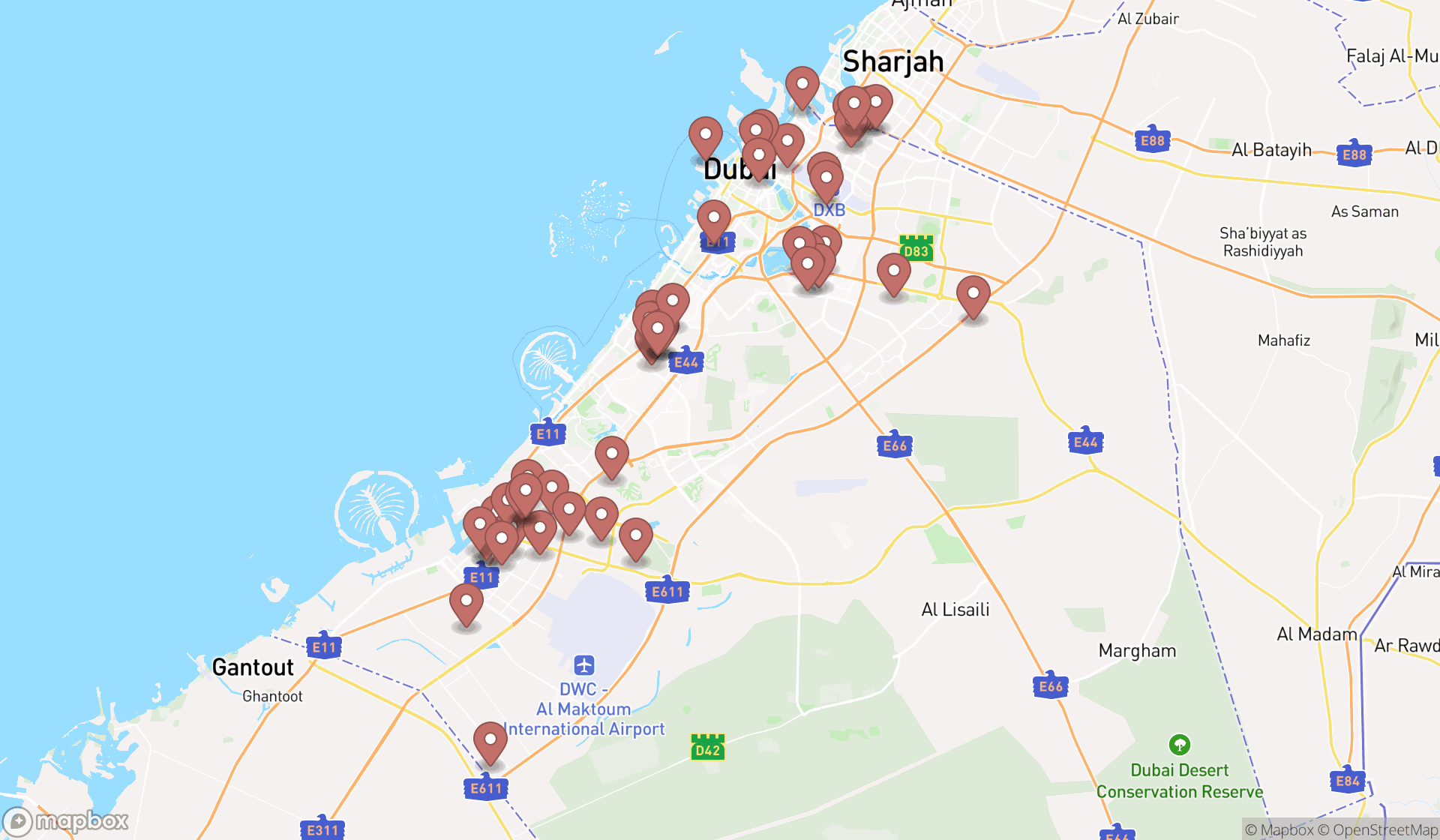 Map showing the search results in Dubai