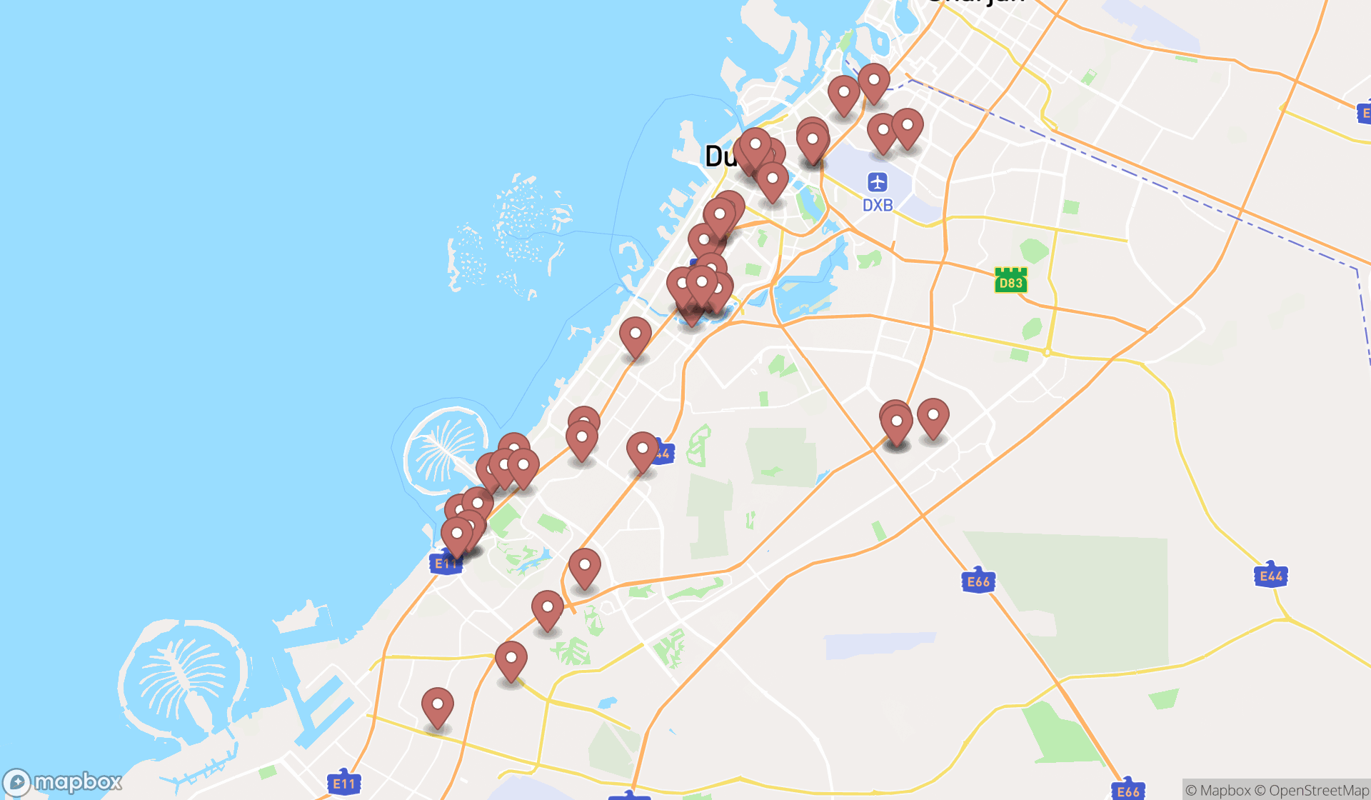Map showing the search results in Dubai