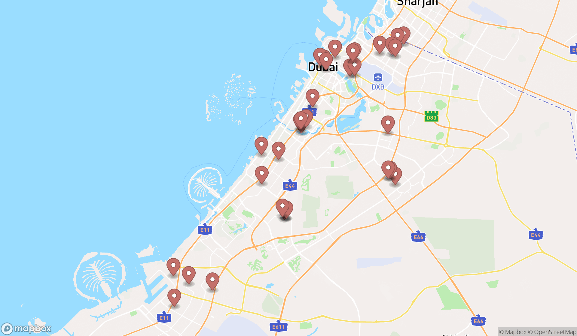 Map showing the search results in Dubai