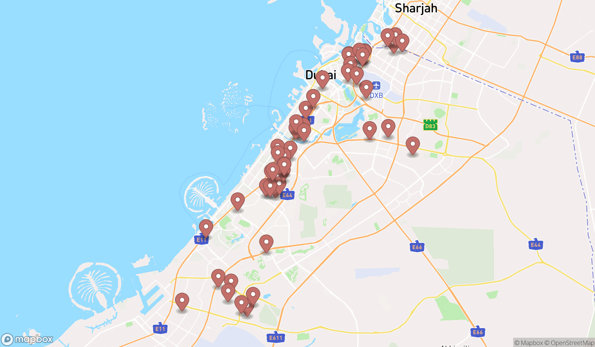 Map showing the search results in Dubai