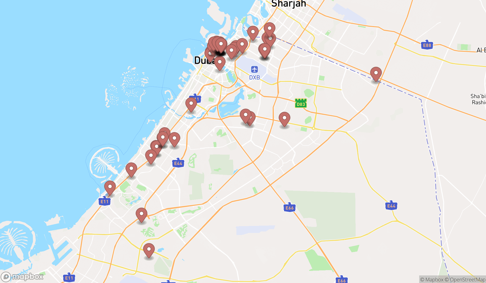 Map showing the search results in Dubai